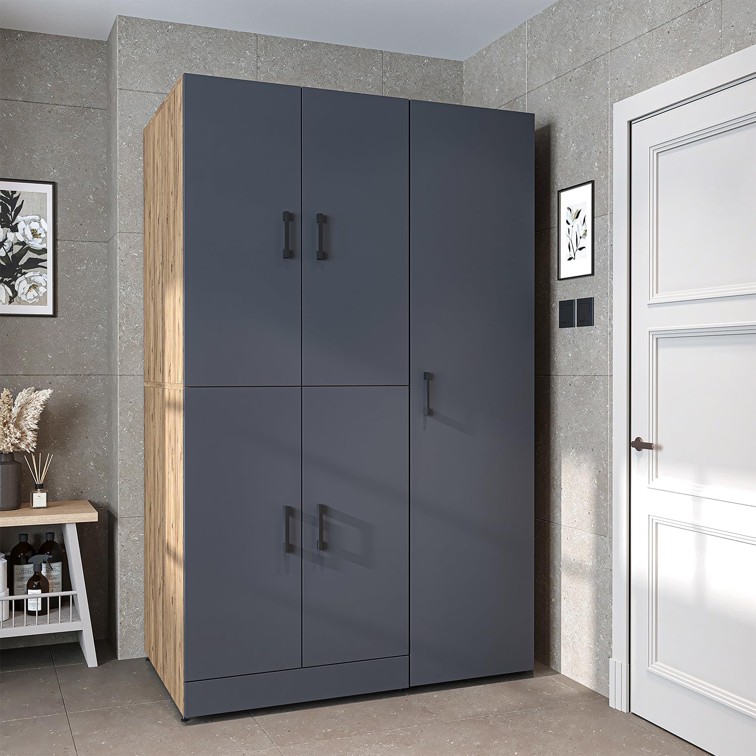 ROOMART Dora - Armoire de machine à laver - Pour sèche-linge et machine à laver - En 4 couleurs - Avec portes et panneau coulissant - Blanc - Chêne blanc - Chêne anthracite - Chêne blanc (chêne blanc)