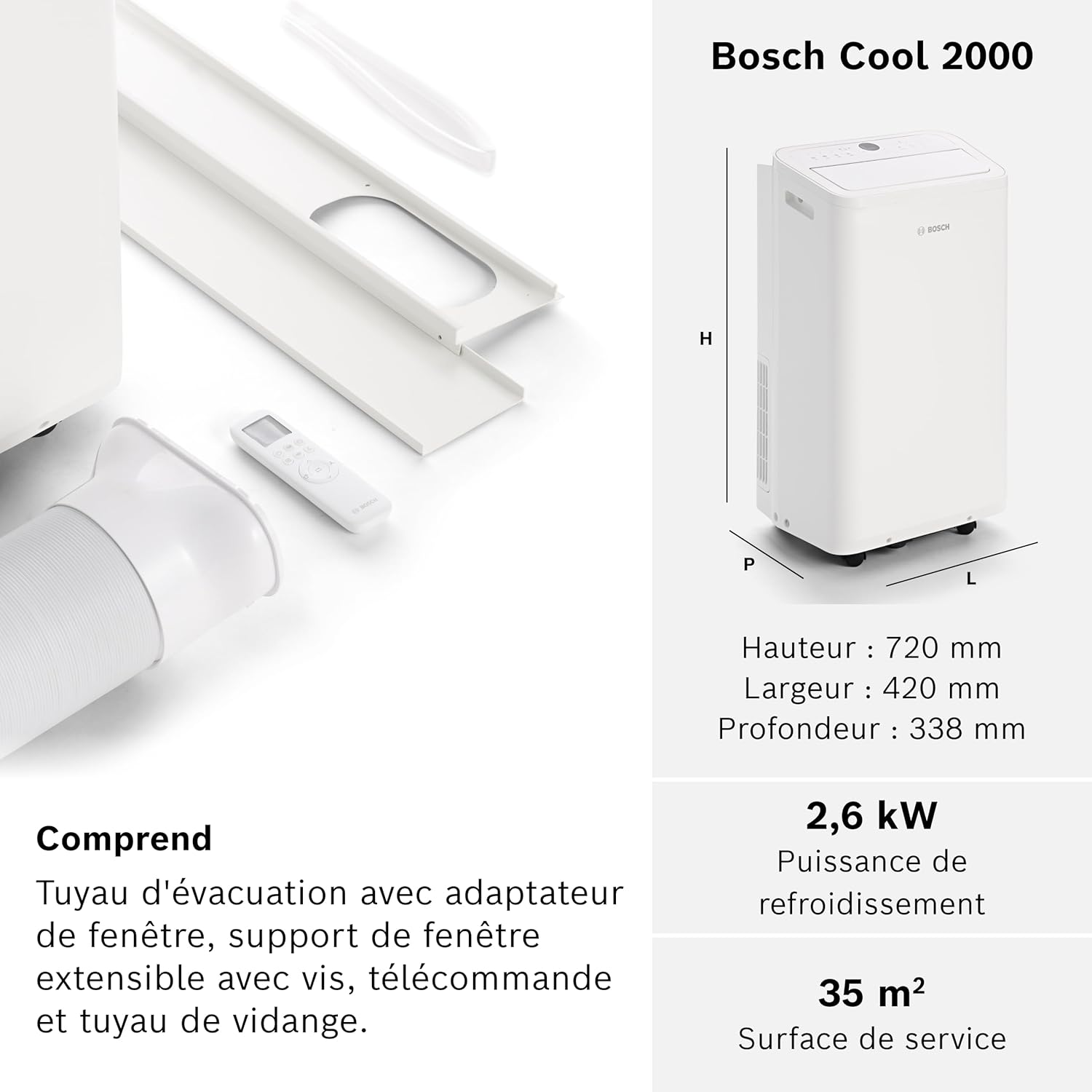 Bosch Cool 2000 Portable AC - 3 en 1 : Climatiseur, Déshumidificateur, Ventilateur - 2,6kW PAC pour les pièces jusqu'à 35m² - Avec Mode Auto, Mode Silencieux & Mode Veille