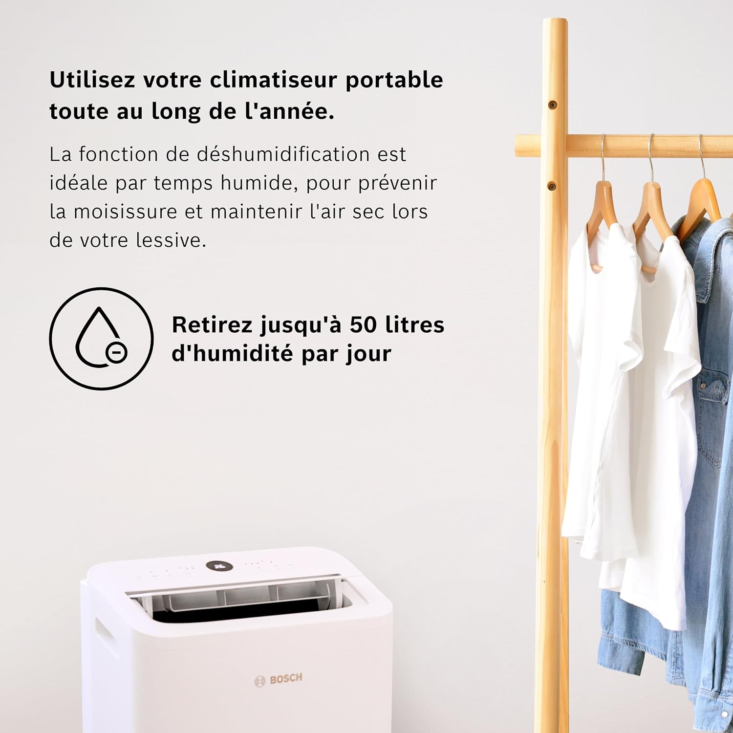 Bosch Cool 2000 Portable AC - 3 en 1 : Climatiseur, Déshumidificateur, Ventilateur - 2,6kW PAC pour les pièces jusqu'à 35m² - Avec Mode Auto, Mode Silencieux & Mode Veille