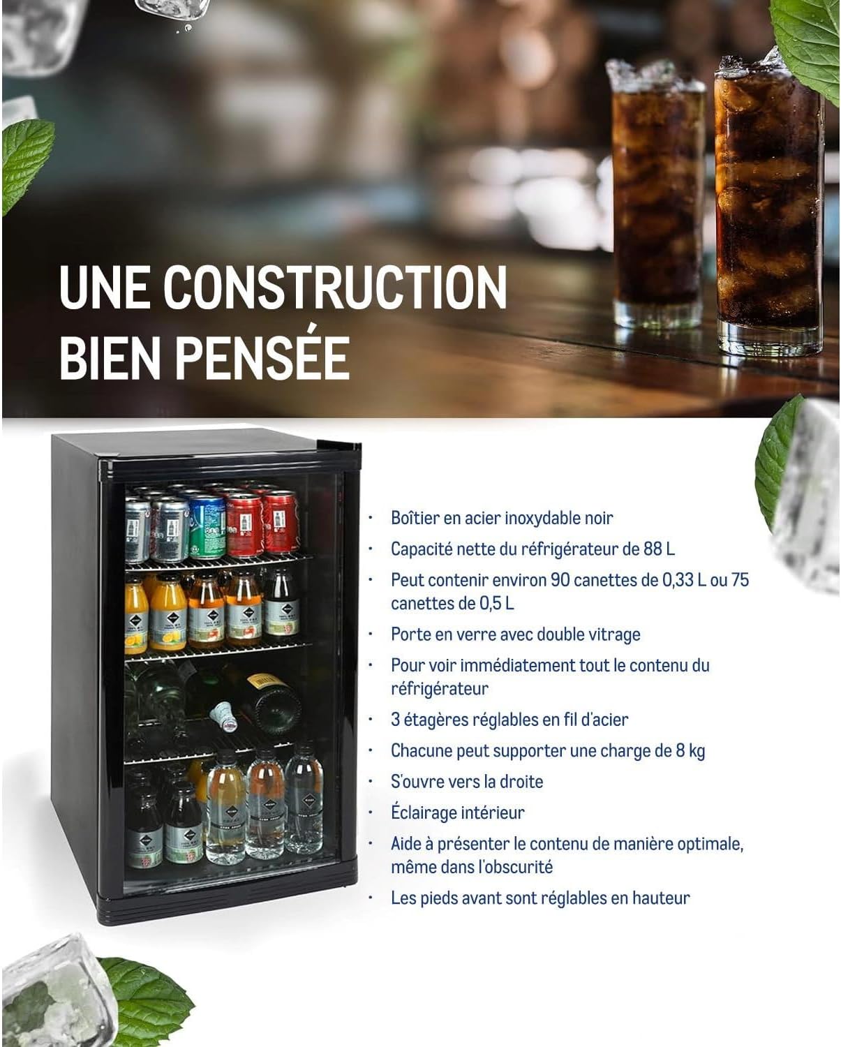 METRO Professional Réfrigérateur à boissons GPC1088, métal/verre, 43 x 49 x 83 cm, 88 L, réfrigération statique, noir