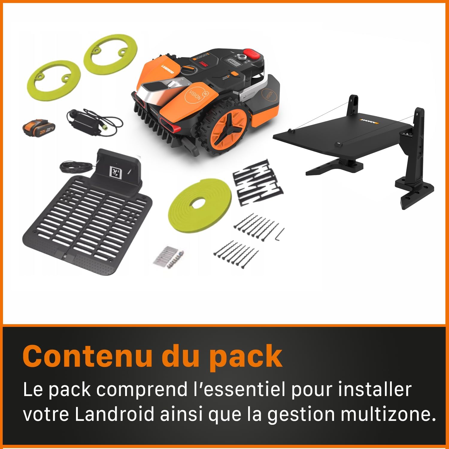 WORX LANDROID Vision WR206E.1, Robot Tondeuse sans Fil périphérique 600 m² Surf.Max 700 m², Installation en 30 Min, Caméra 4K + IA Adaptative, évite Tous Les Obstacles, Coupe des Bordures, Multizone
