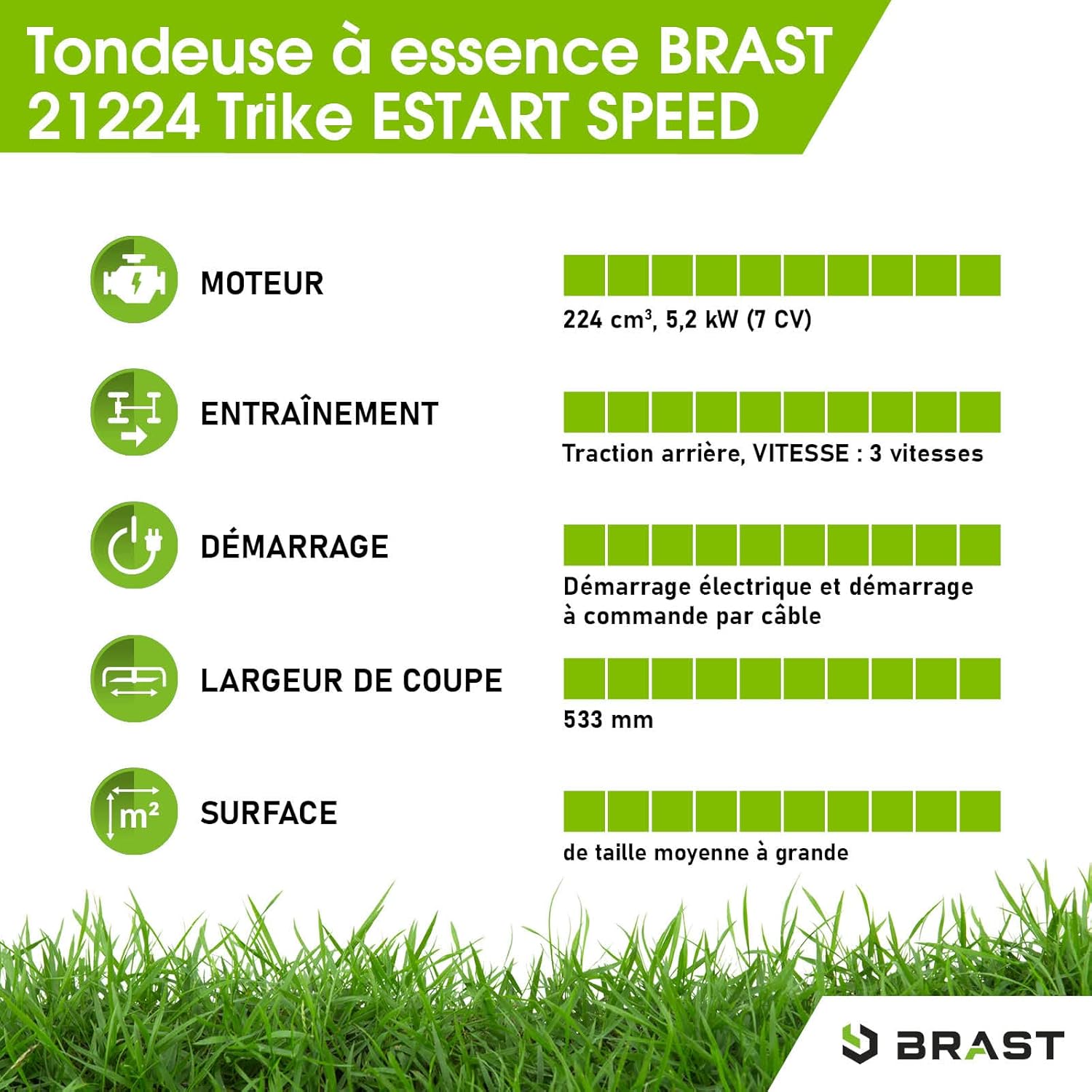 BRAST tondeuse thermique 3 roues TRIKE E-START 224cc 53cm tractée démarrage électrique mulching 4en1 capot en tôle en acier 60l - moteur 4 temps de la marque française GT reglable