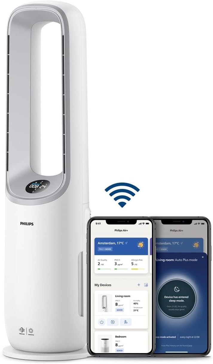 Philips Air Performer 3-en-1 : Purificateur, Chauffage & Ventilateur Rafraîchisseur – Nettoie 70m², Élimine 99,97% des Allergènes et Polluants. Filtre HEPA, Capteurs Intelligents, App (AMF870/15)