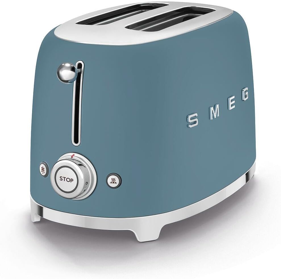 Smeg, Grille-pain 2 Tranches TSF01BLEU, 2 Fentes 36 mm, 6 Niveaux de Brunissage, Fonction Chauffage, Décongélation et Bagel, Éjection Automatique du Pain, Ramasse Miettes, 950 W, Noir