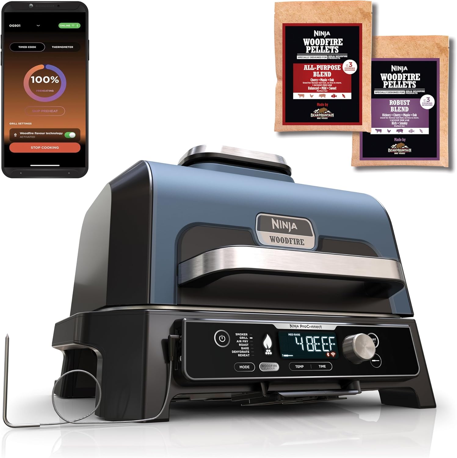 Ninja Woodfire Barbecue électrique et fumoir Pro XL avec thermomètre, barbecue et Air fryer d'extérieur 4-en-1 avec système Smart Cook et granulés Woodfire, portatif, gris/noir, OG850EU