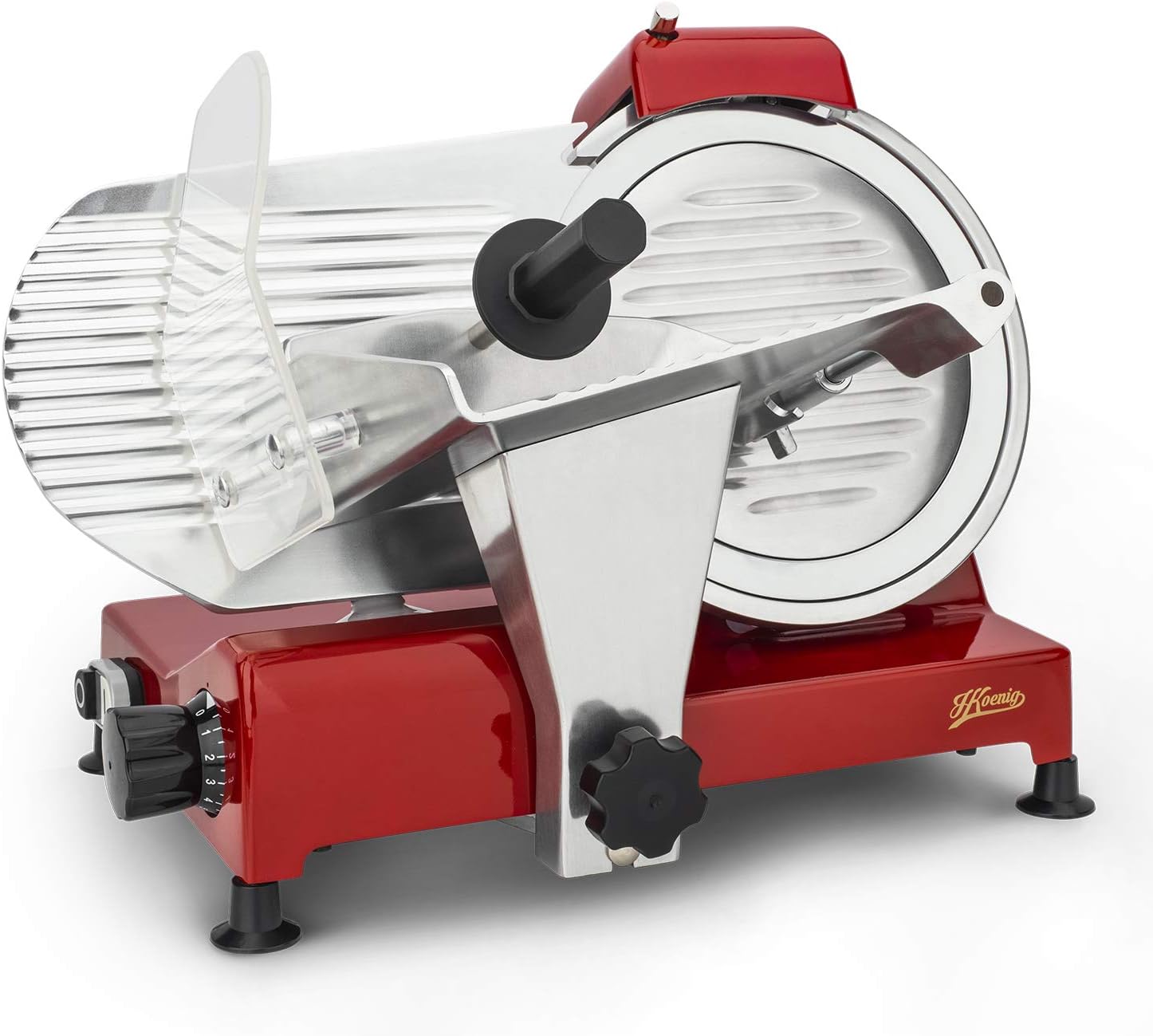 H.Koenig Trancheuse électrique à viande MSX254, charcuterie, professionnelle, précise,coupe 0-12 mm,lame 25 cm,aiguiseur intégré,large plateau,282 rpm, Rouge