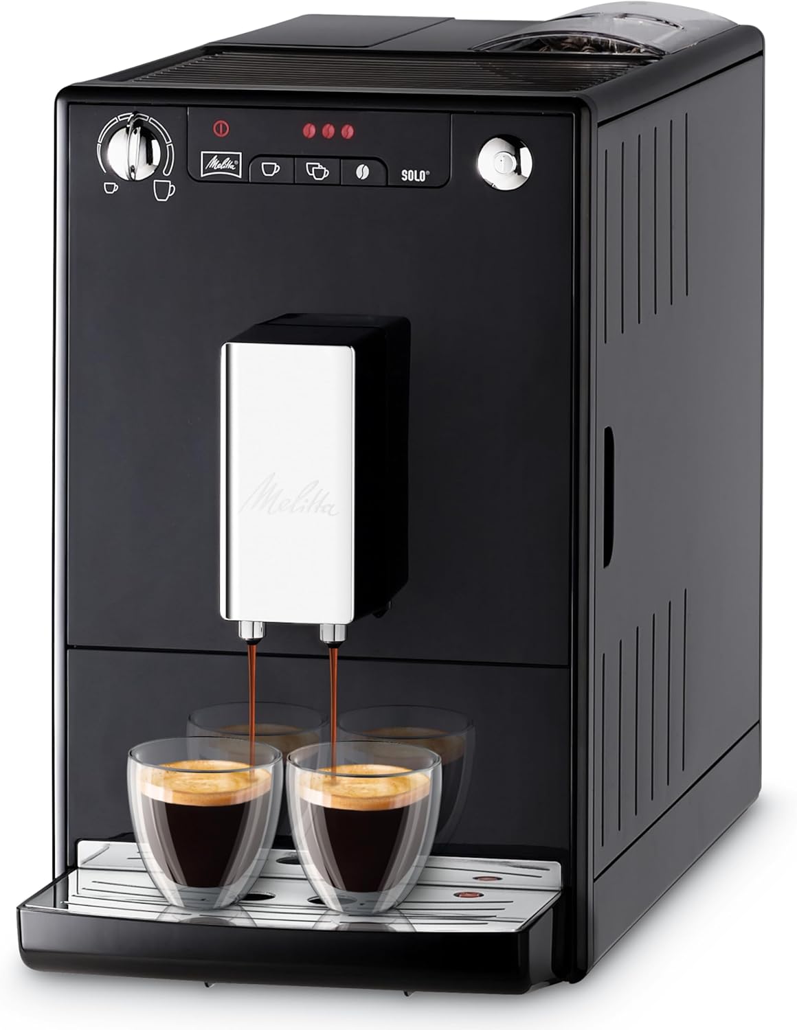 Melitta Caffeo Solo Noir Pure Black, Machine à Café à Grains avec Broyeur et Système d'Extraction des Arômes, Affichage LED, Mode 1 à 2 Tasses, Cafetière Expresso, Automatique, E950-222, 1400W