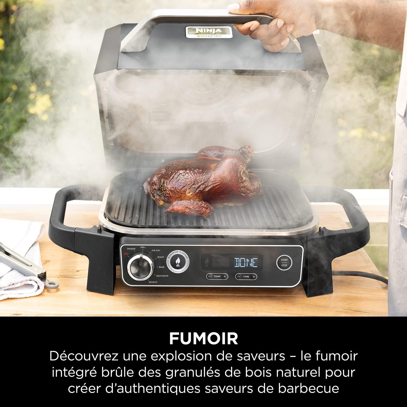 Ninja Woodfire Barbecue électrique et fumoir Pro XL avec thermomètre, barbecue et Air fryer d'extérieur 4-en-1 avec système Smart Cook et granulés Woodfire, portatif, gris/noir, OG850EU