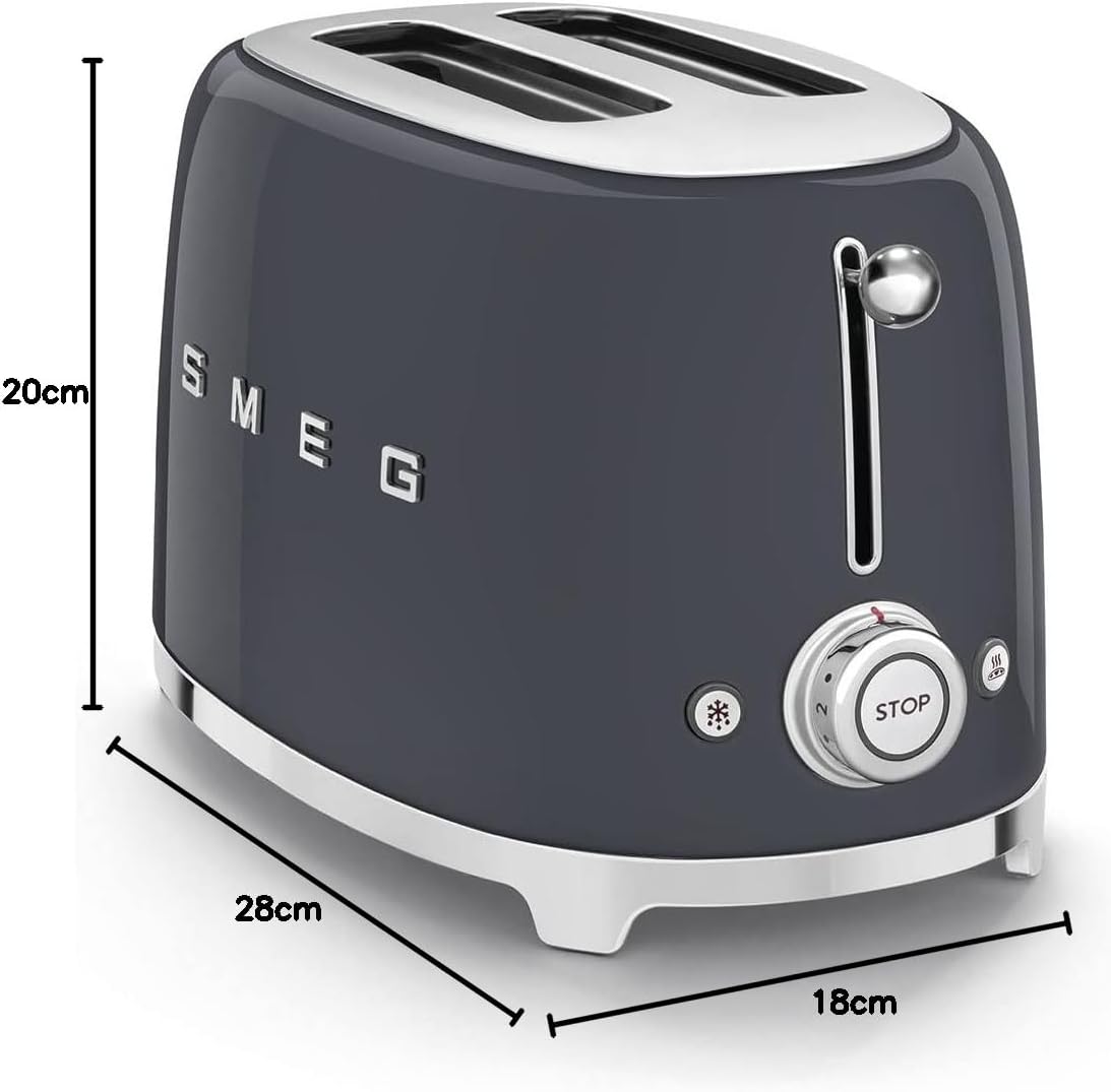 Smeg, Grille-pain 2 Tranches TSF01BLEU, 2 Fentes 36 mm, 6 Niveaux de Brunissage, Fonction Chauffage, Décongélation et Bagel, Éjection Automatique du Pain, Ramasse Miettes, 950 W, Noir