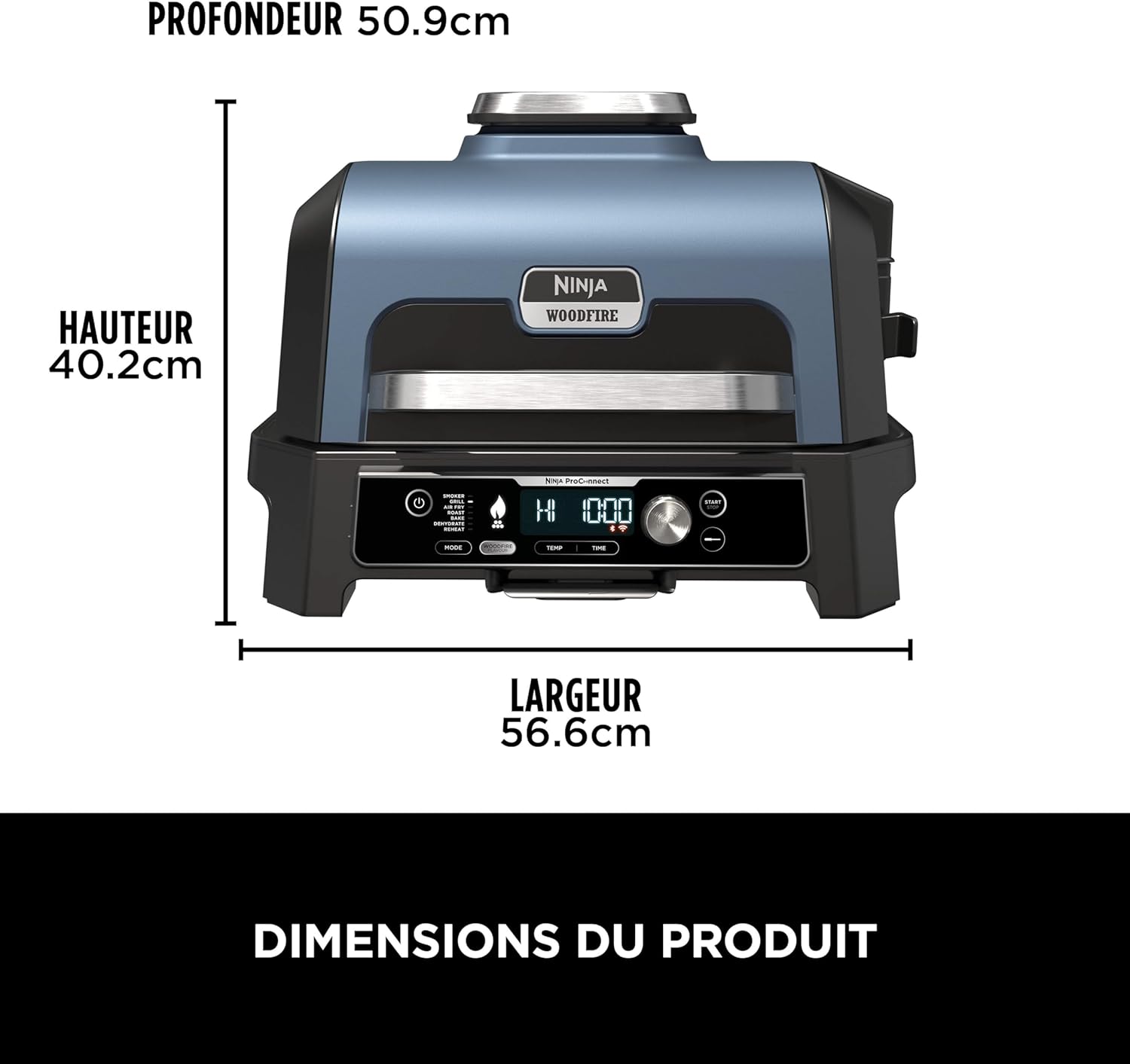 Ninja Woodfire Barbecue électrique et fumoir Pro XL avec thermomètre, barbecue et Air fryer d'extérieur 4-en-1 avec système Smart Cook et granulés Woodfire, portatif, gris/noir, OG850EU