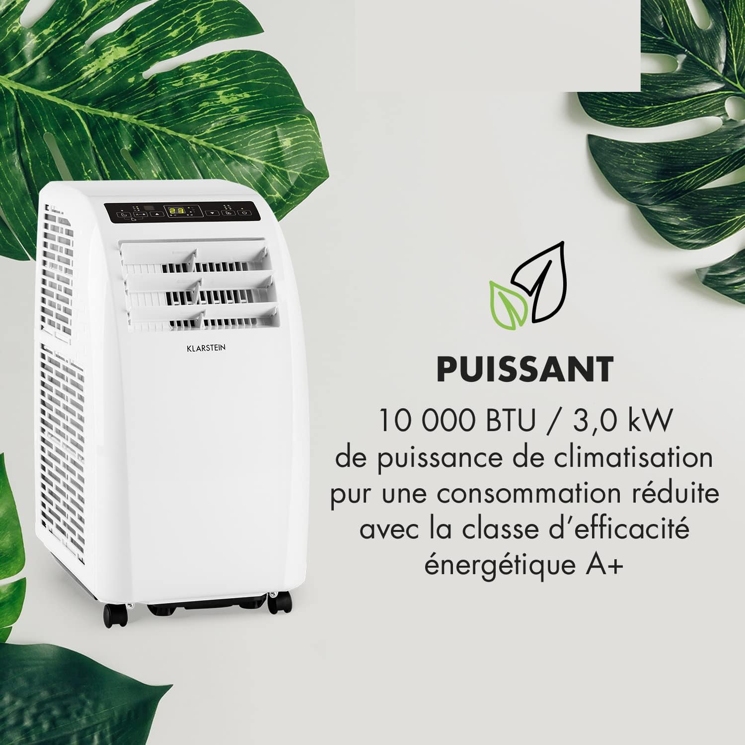 Klarstein Climatiseur Mobile Silencieux, 4 en 1, Mode Nuit, Déshumidificateur, Ventilateur, Mini Climatisation à Faible Conso, Evacuation, Clim Portable, Puissante, 10000 BTU