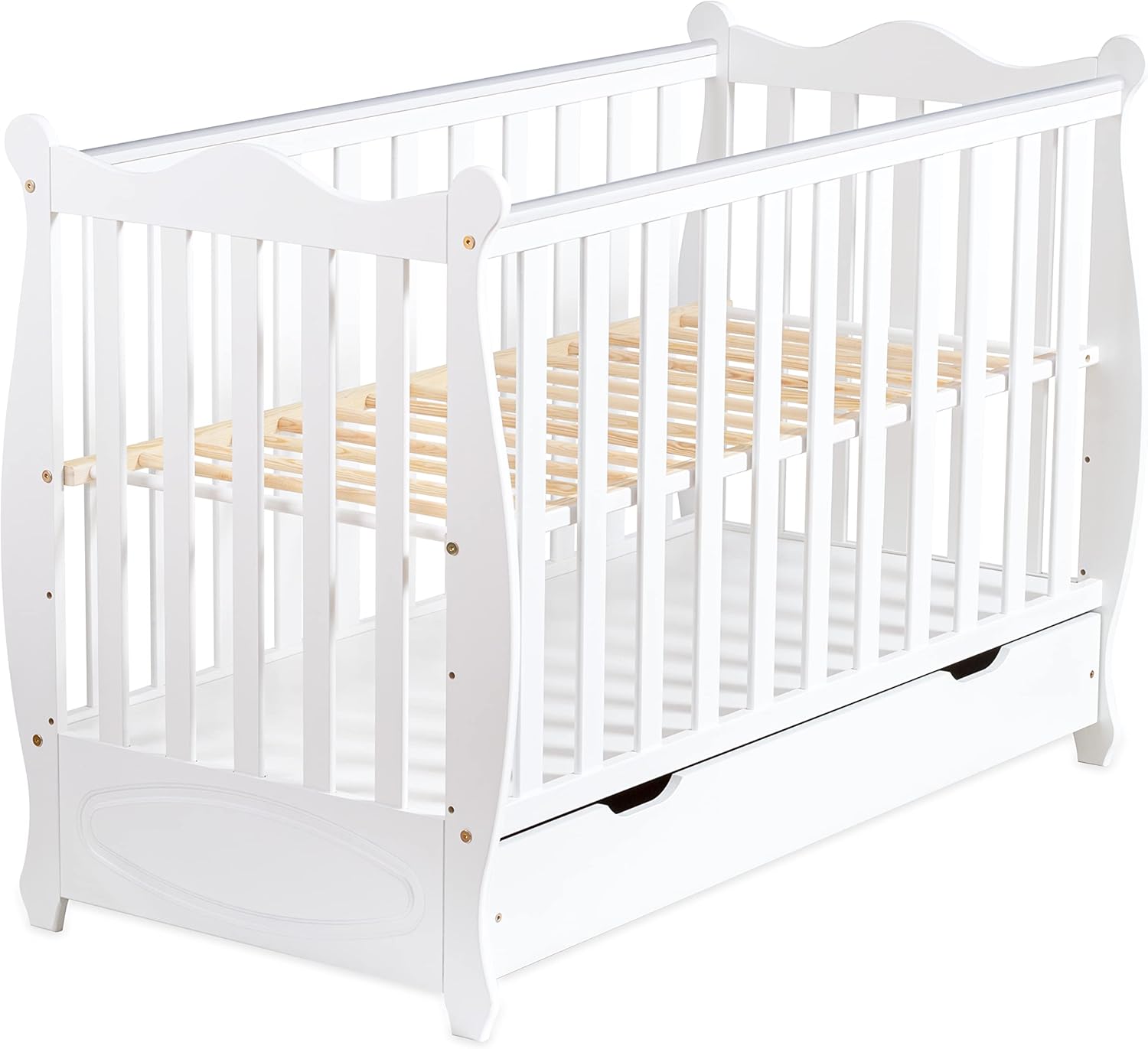 moto-MOLTICO Lit Bébé 60x120 cm avec Tiroir – Lit en Bois Réglable en Hauteur, Transformable en Lit Enfant avec Barrières de Protection – Lit Bébé Fille et Garçon