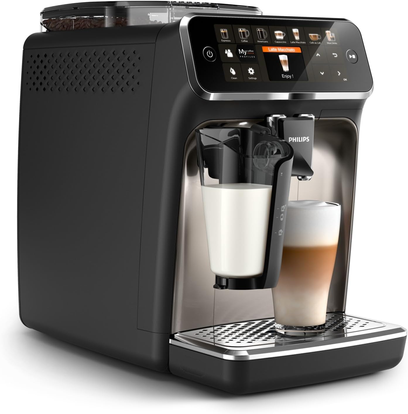 Philips Machine à Expresso Entièrement Automatique 5500 Series–20 Boissons Chaudes et Glacées, Carafe LatteGo Facile à Nettoyer, SilentBrew 40% Plus Silencieuse, QuickStart, Noir et Argent (EP5546/70)