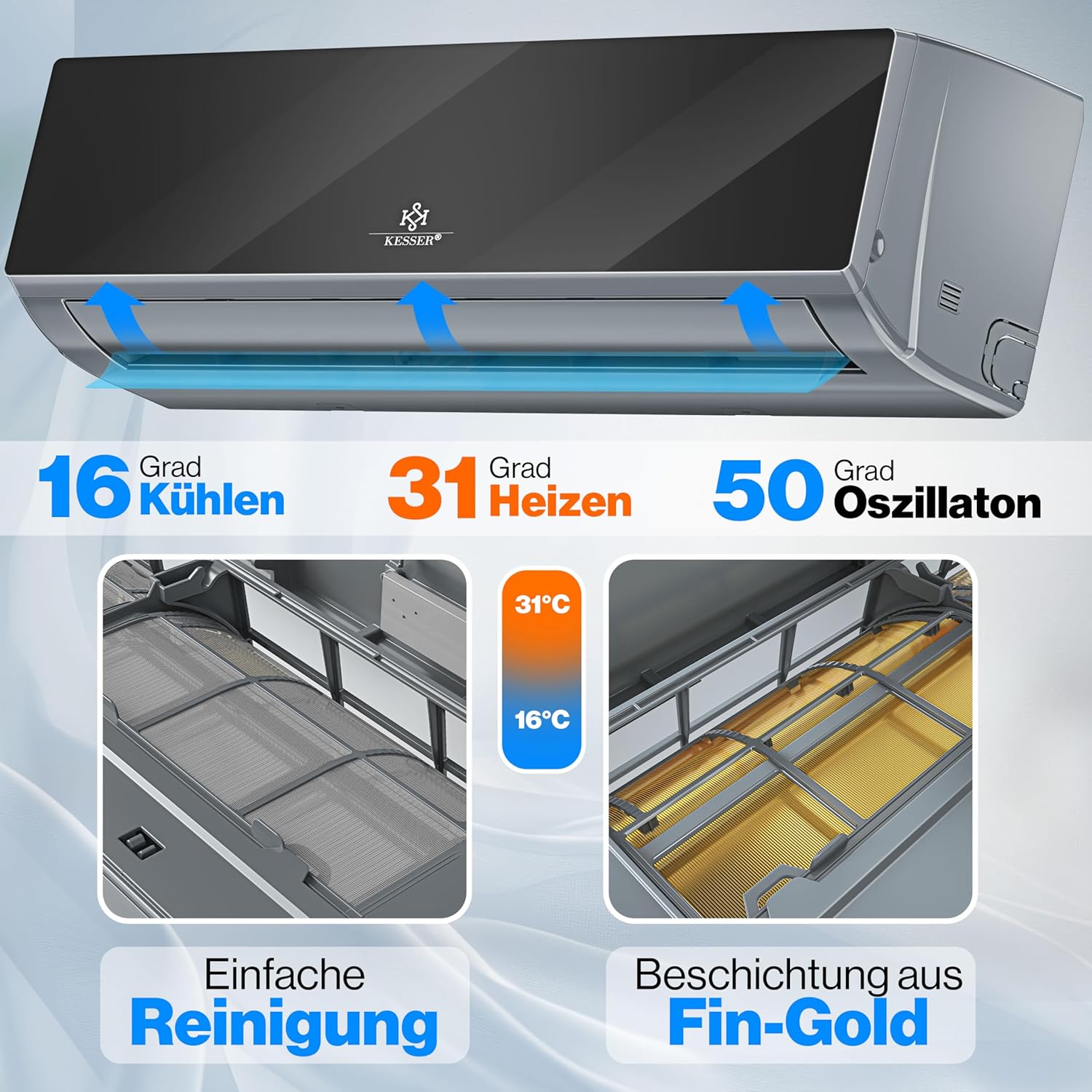 KESSER® Climatisation SET réversible - Climatiseur avec fonction WiFi/Application - Refroidissement A++/ Chauffage A+, Fluide réfrigérant R32 - Écran LCD, Split 12000 BTU/h / 3400 Watt - Anthrazit