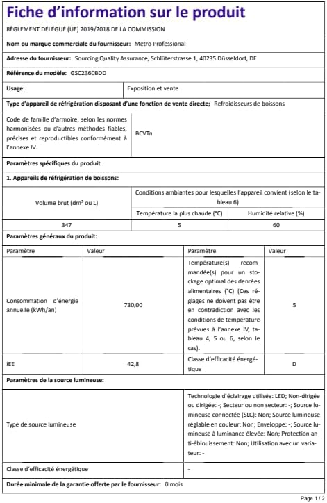 METRO Professional Réfrigérateur à Boissons GSC2360B, Acier/Verre, 62 x 63.6 x 175.3 cm, 347 L, avec Serrure, Noir