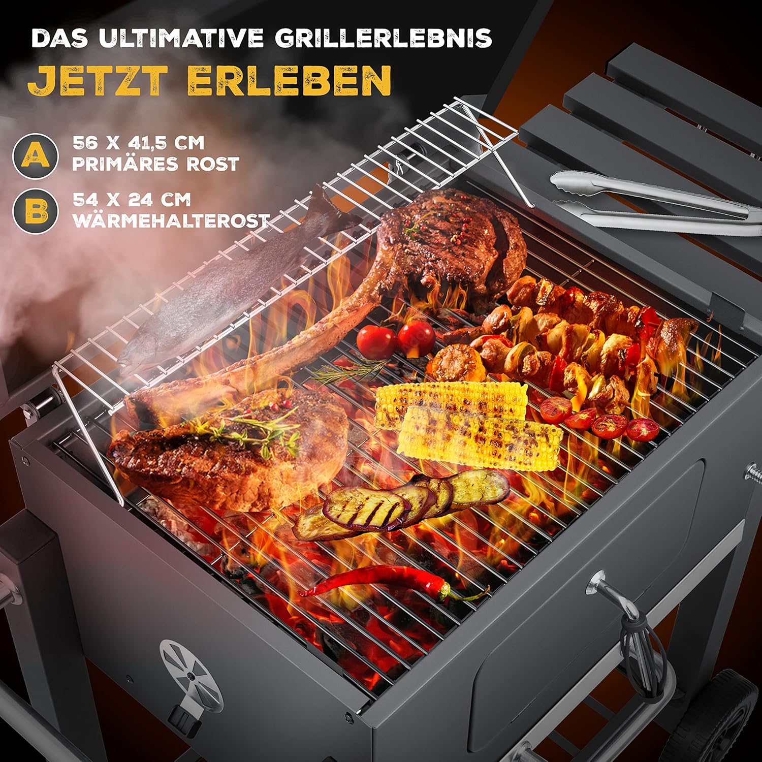 KESSER® Chariot à Barbecue | Grill XL à Charbon de Bois avec Couvercle, Roues, poignée en Acier Inoxydable, Grille et thermomètre | Grand Barbecue au Charbon de Bois