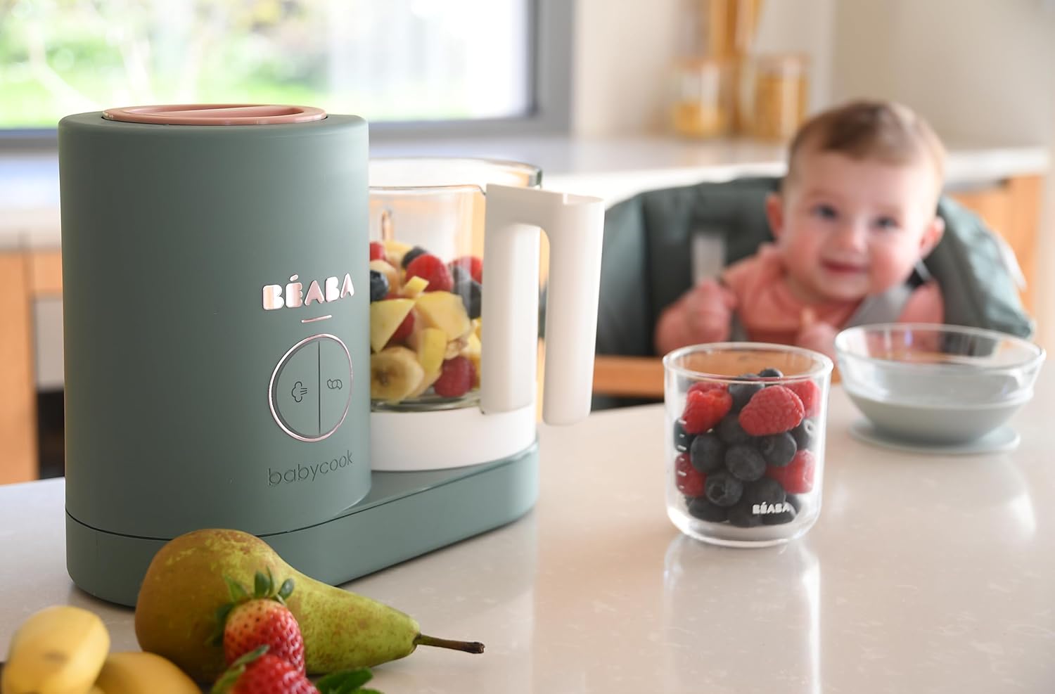 BÉABA, Babycook Néo, Mixeur Cuiseur Vapeur 6 en 1, Robot Bebe Fabriqué en France, Bol en Verre, Cuve Inox, Grande contenance, Diversification alimentaire, Petits pots bébé maison, Rapide, Eucalyptus