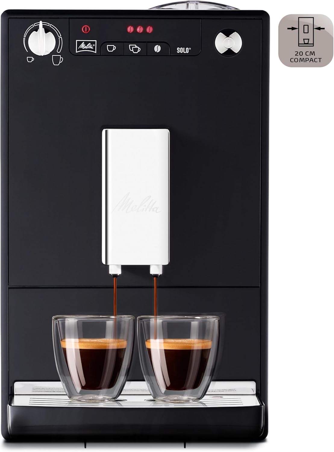 Melitta Caffeo Solo Noir Pure Black, Machine à Café à Grains avec Broyeur et Système d'Extraction des Arômes, Affichage LED, Mode 1 à 2 Tasses, Cafetière Expresso, Automatique, E950-222, 1400W
