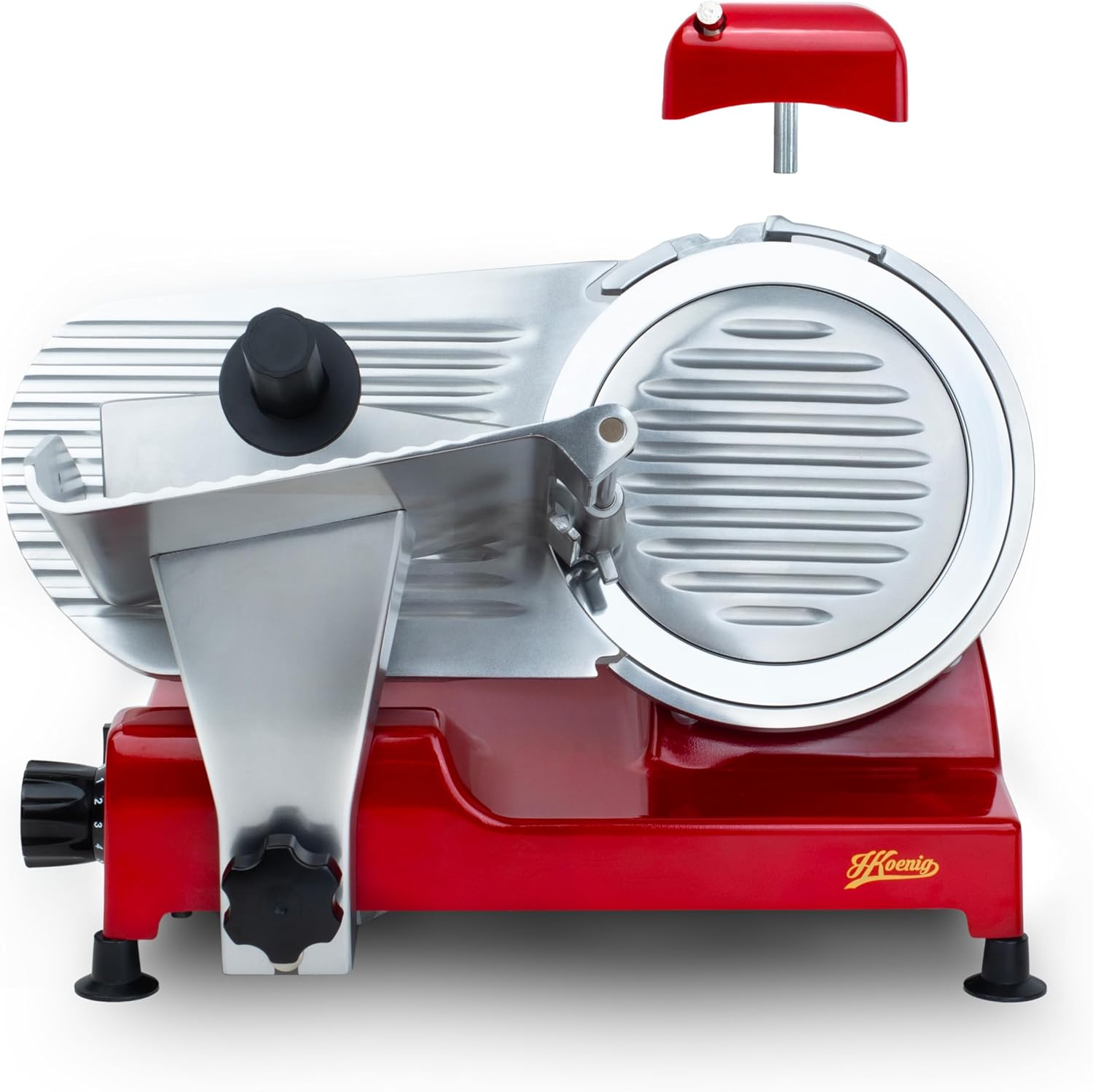 H.Koenig Trancheuse électrique à viande MSX254, charcuterie, professionnelle, précise,coupe 0-12 mm,lame 25 cm,aiguiseur intégré,large plateau,282 rpm, Rouge