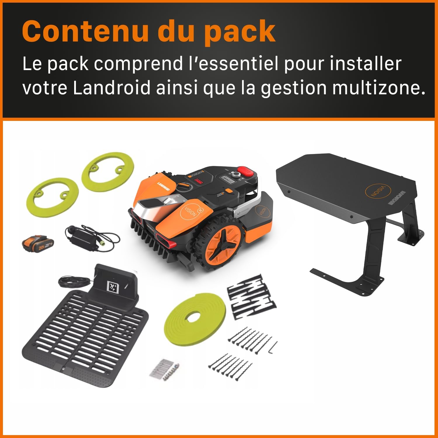 WORX LANDROID Vision WR206E.1, Robot Tondeuse sans Fil périphérique 600 m² Surf.Max 700 m², Installation en 30 Min, Caméra 4K + IA Adaptative, évite Tous Les Obstacles, Coupe des Bordures, Multizone