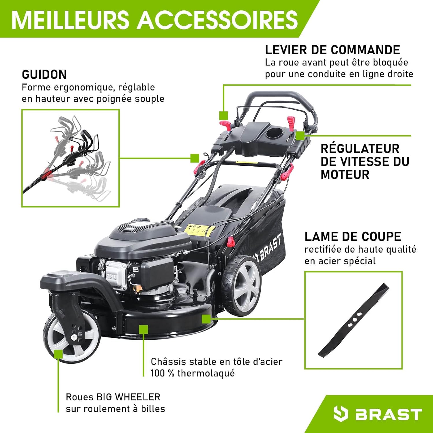 BRAST tondeuse thermique 3 roues TRIKE E-START 224cc 53cm tractée démarrage électrique mulching 4en1 capot en tôle en acier 60l - moteur 4 temps de la marque française GT reglable