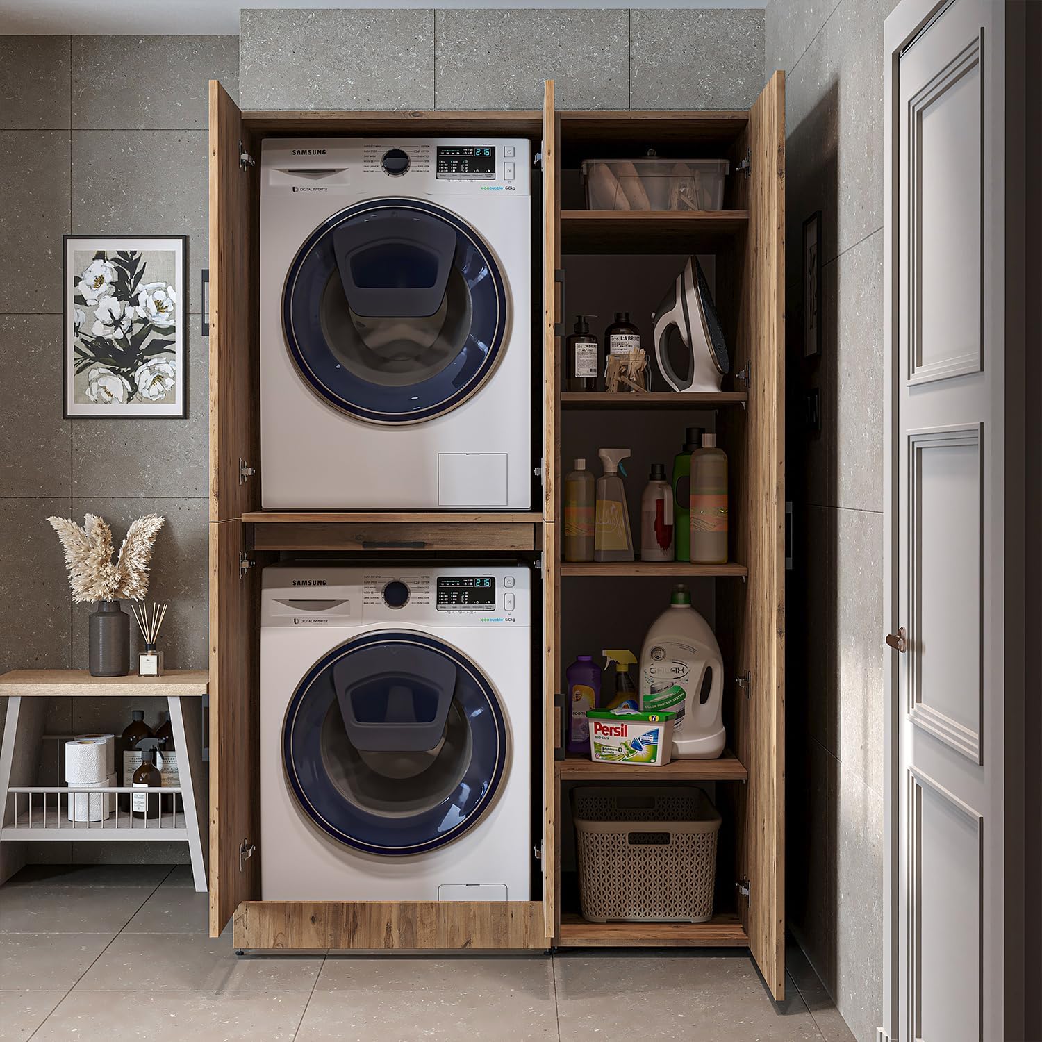 ROOMART Dora - Armoire de machine à laver - Pour sèche-linge et machine à laver - En 4 couleurs - Avec portes et panneau coulissant - Blanc - Chêne blanc - Chêne anthracite - Chêne blanc (chêne blanc)