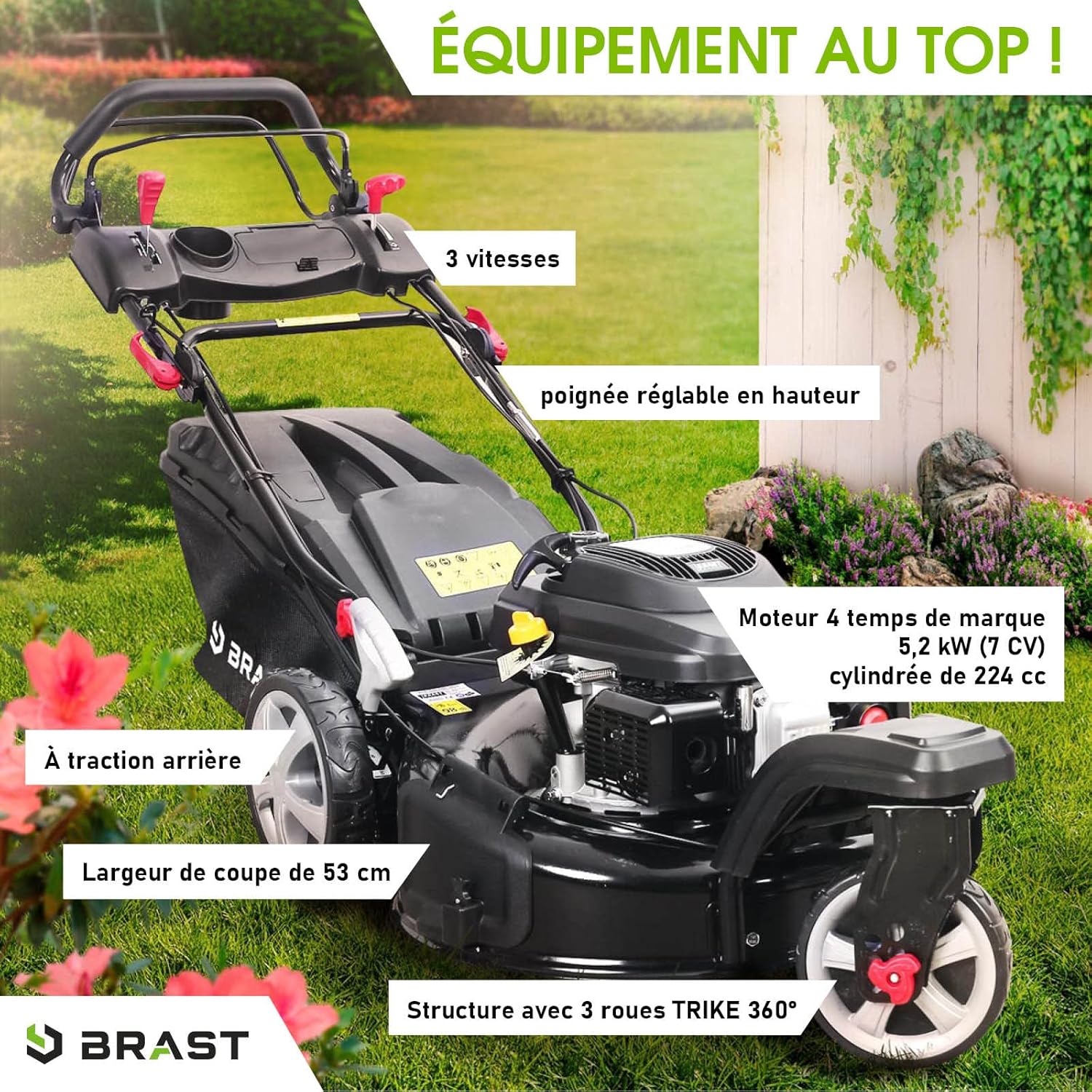 BRAST tondeuse thermique 3 roues TRIKE E-START 224cc 53cm tractée démarrage électrique mulching 4en1 capot en tôle en acier 60l - moteur 4 temps de la marque française GT reglable