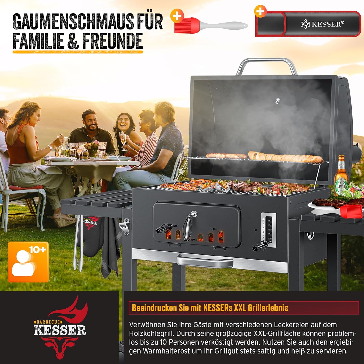 KESSER® Chariot à Barbecue | Grill XL à Charbon de Bois avec Couvercle, Roues, poignée en Acier Inoxydable, Grille et thermomètre | Grand Barbecue au Charbon de Bois