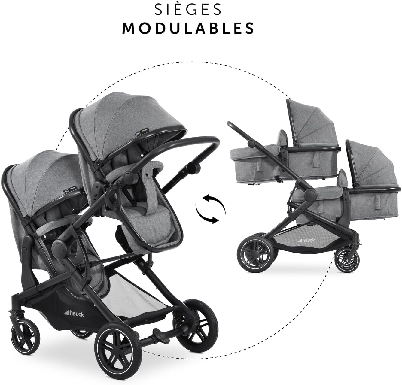 hauck Poussette Double Atlantic Twin - Tandem pour 2 Enfants avec Nacelles 2en1 et Sièges - Gris Mélange