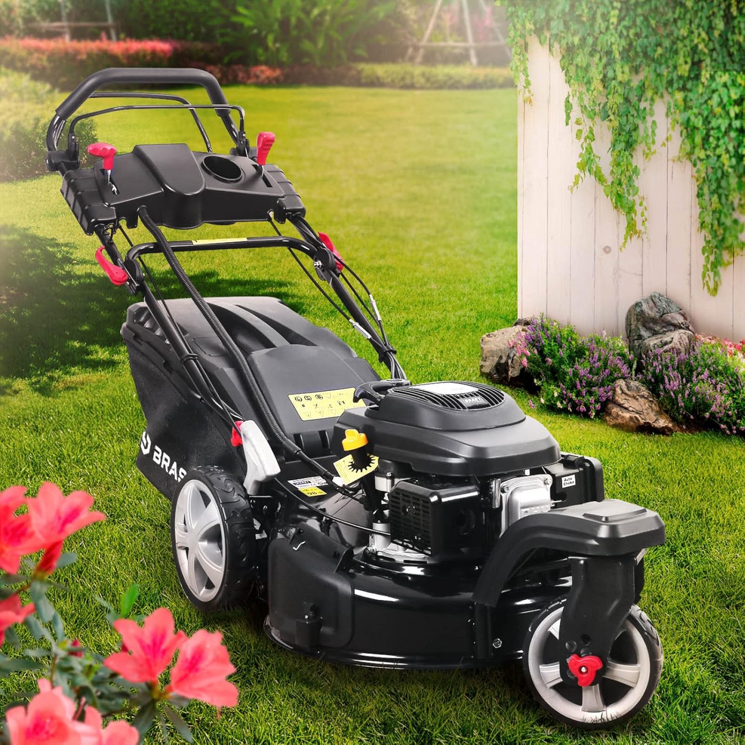 BRAST tondeuse thermique 3 roues TRIKE E-START 224cc 53cm tractée démarrage électrique mulching 4en1 capot en tôle en acier 60l - moteur 4 temps de la marque française GT reglable