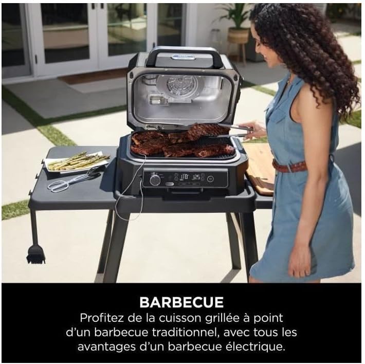 Ninja Woodfire Barbecue électrique et fumoir Pro XL avec thermomètre, barbecue et Air fryer d'extérieur 4-en-1 avec système Smart Cook et granulés Woodfire, portatif, gris/noir, OG850EU