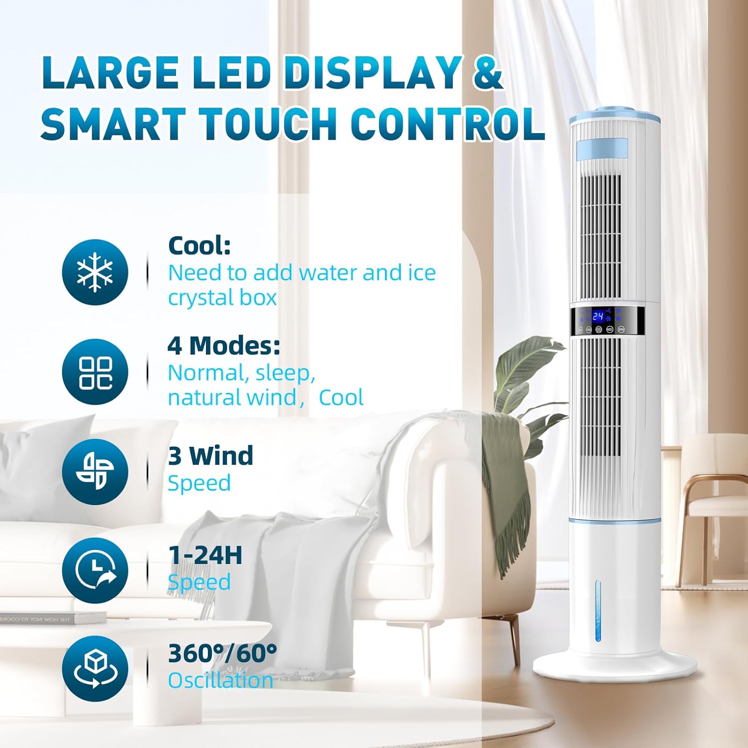 Climatiseur Mobile Silencieux Rafraîchisseur d'air avec Humidificateur, Ventilateur, 2 Sortie d'air, 360°Oscillation, 65W, 24H Minuteries, 3 Vitesses, 4 Modes,Télécommande pour Chambre Bureau