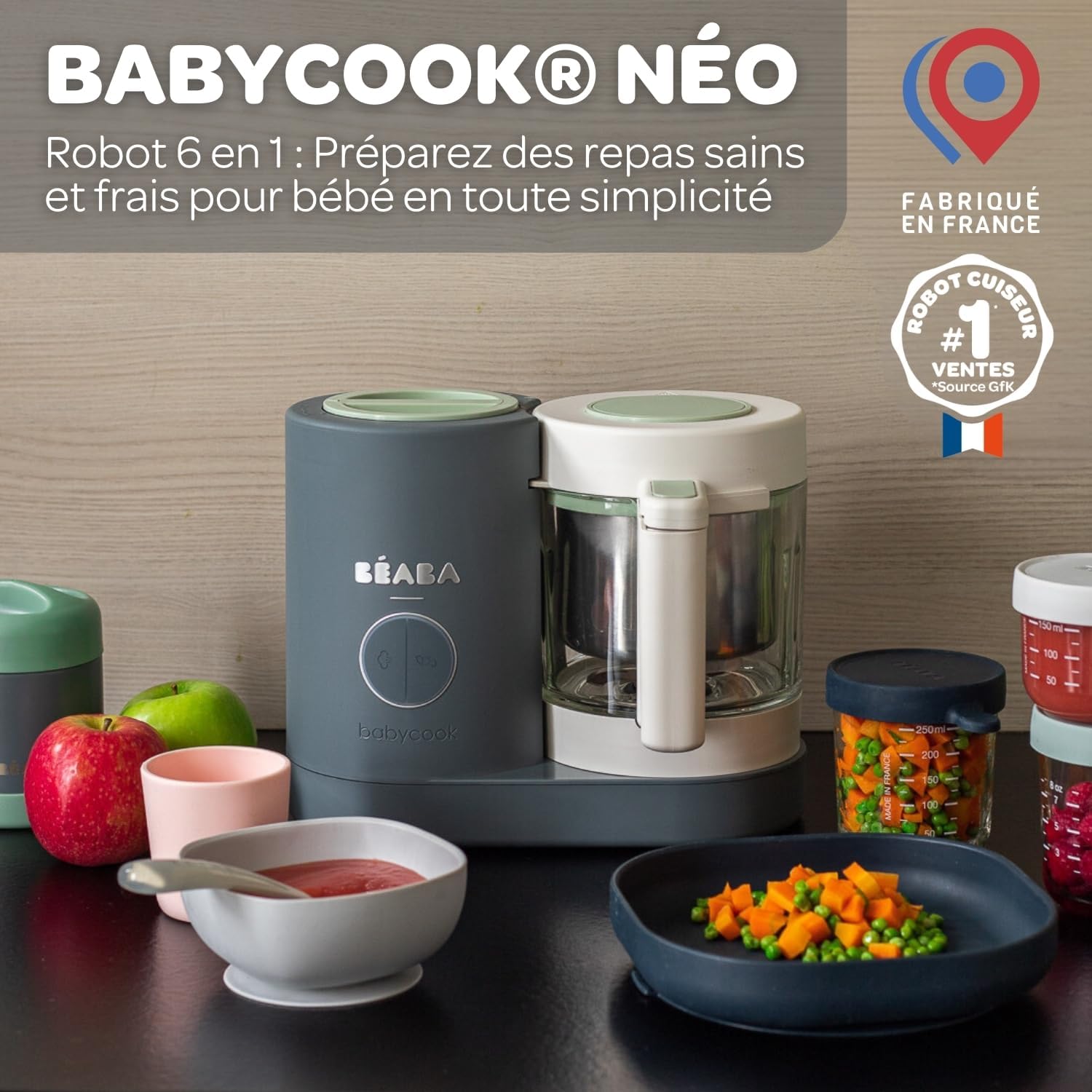 BÉABA, Babycook Néo, Mixeur Cuiseur Vapeur 6 en 1, Robot Bebe Fabriqué en France, Bol en Verre, Cuve Inox, Grande contenance, Diversification alimentaire, Petits pots bébé maison, Rapide, Eucalyptus