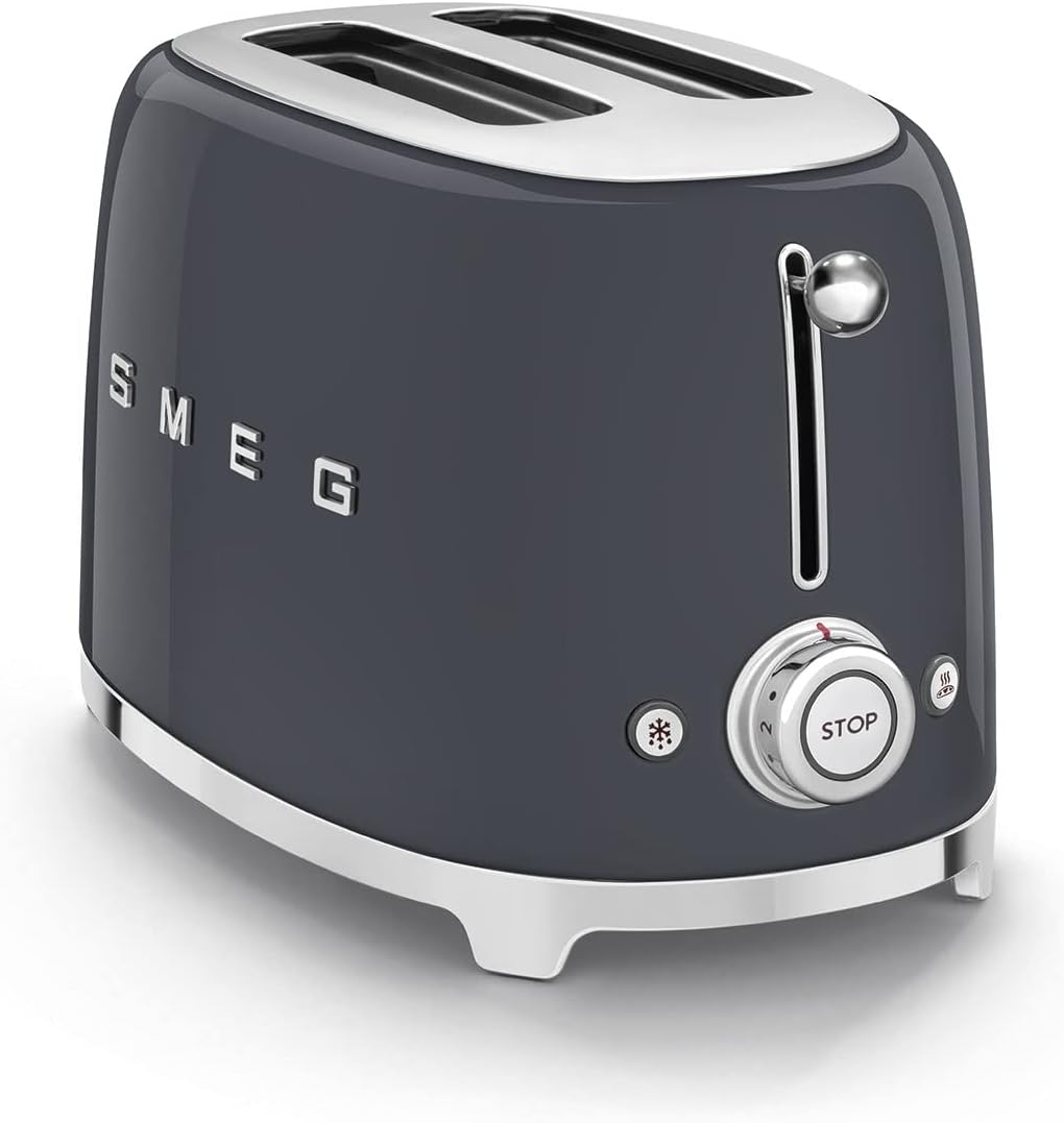 Smeg, Grille-pain 2 Tranches TSF01BLEU, 2 Fentes 36 mm, 6 Niveaux de Brunissage, Fonction Chauffage, Décongélation et Bagel, Éjection Automatique du Pain, Ramasse Miettes, 950 W, Noir