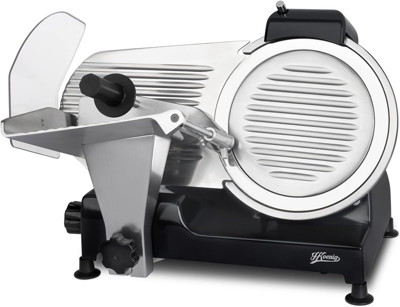 H.Koenig Trancheuse électrique à viande MSX254, charcuterie, professionnelle, précise,coupe 0-12 mm,lame 25 cm,aiguiseur intégré,large plateau,282 rpm, Rouge