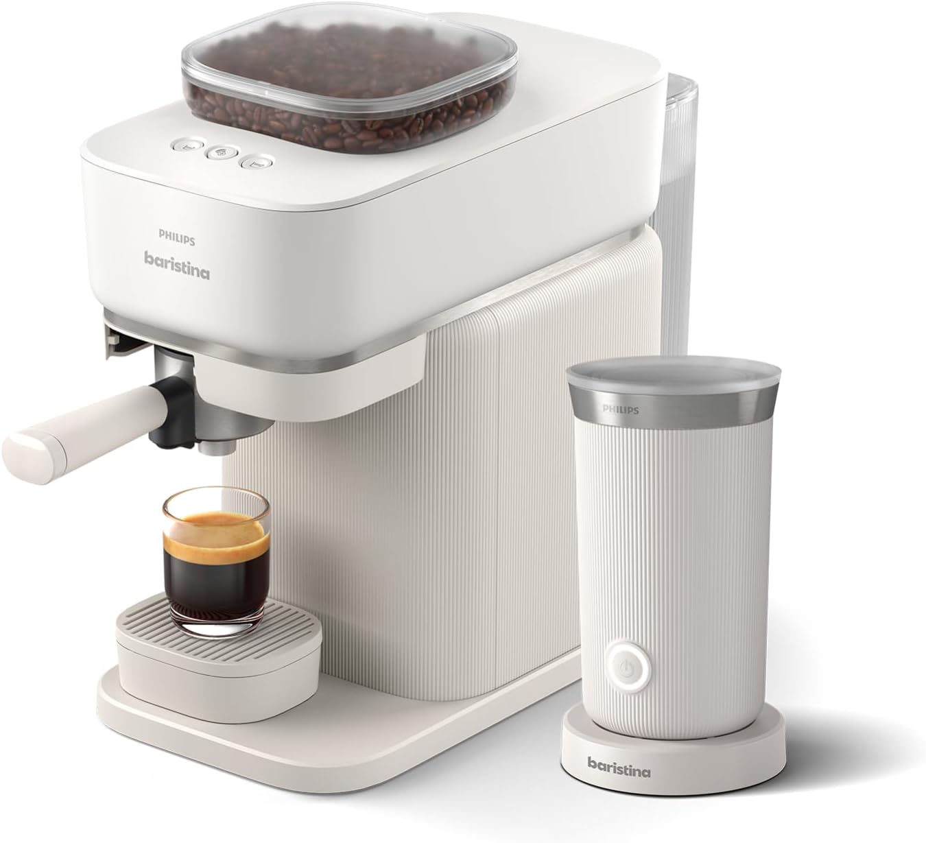 Philips Baristina Machine à expresso - Un véritable expresso, en toute simplicité - Compacte - 16 bars de pression - Broyeur intégré - Machine blanche avec porte-filtre blanc (BAR300/00)
