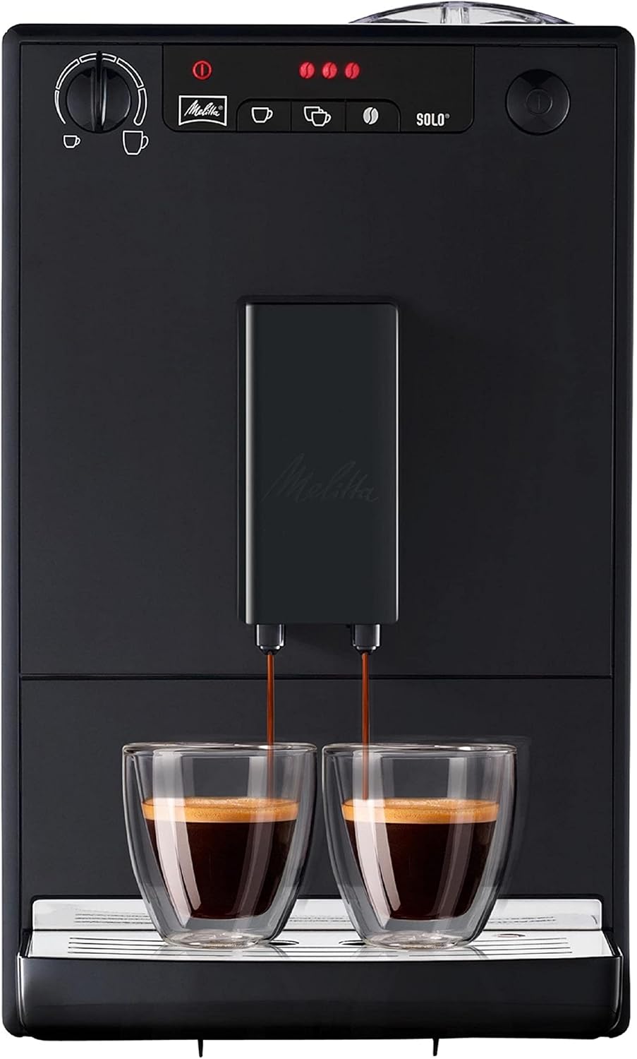 Melitta Caffeo Solo Noir Pure Black, Machine à Café à Grains avec Broyeur et Système d'Extraction des Arômes, Affichage LED, Mode 1 à 2 Tasses, Cafetière Expresso, Automatique, E950-222, 1400W