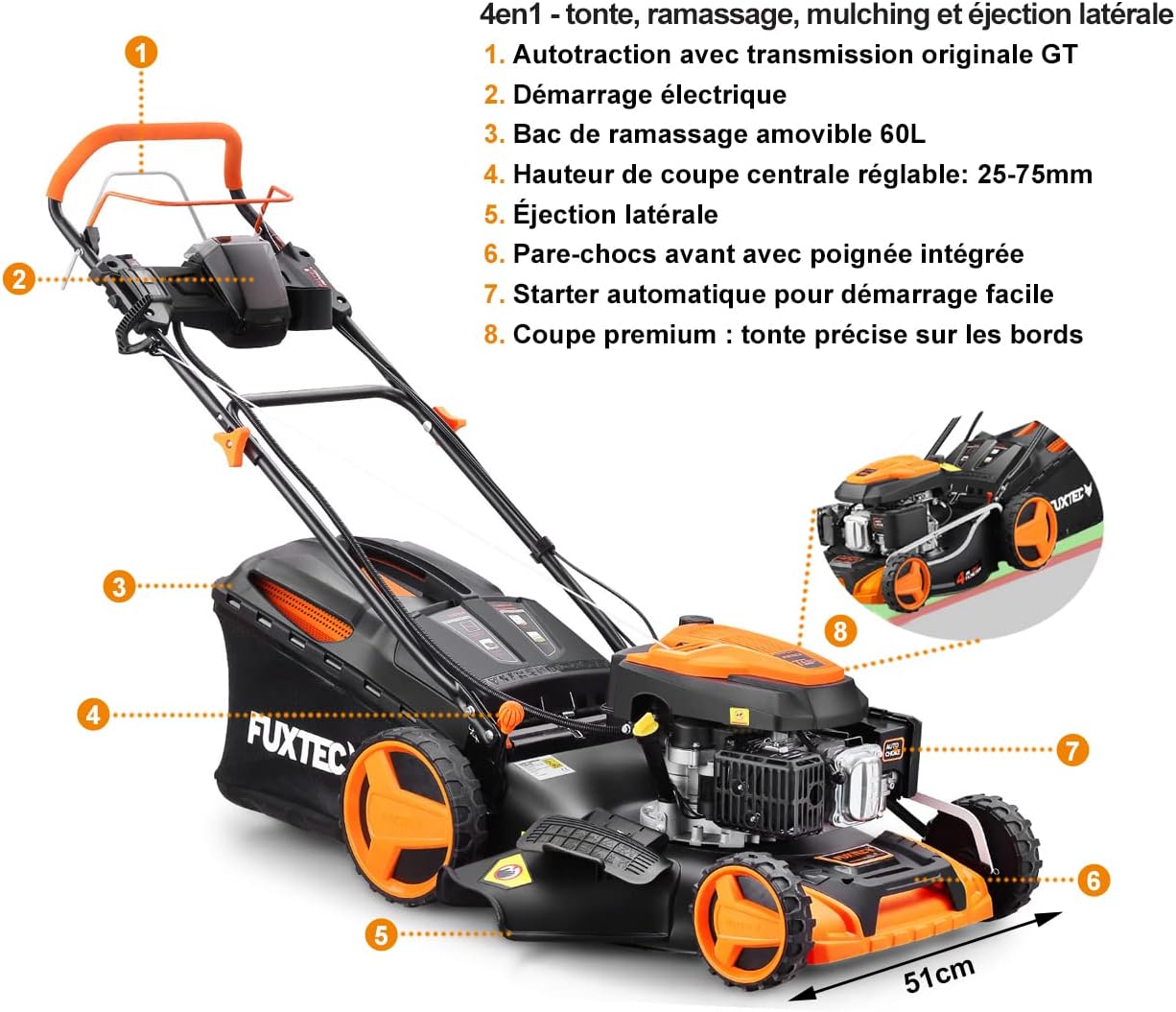 FUXTEC Tondeuse Thermique Autotractée Démarrage Électrique FX-RM5170eS 4en1-170cm3 4CV | 4 Temps | Largeur 51cm, Hauteur De Coupe 7 Positions, Bac 60L, Fonction Mulching, Éjection Latérale