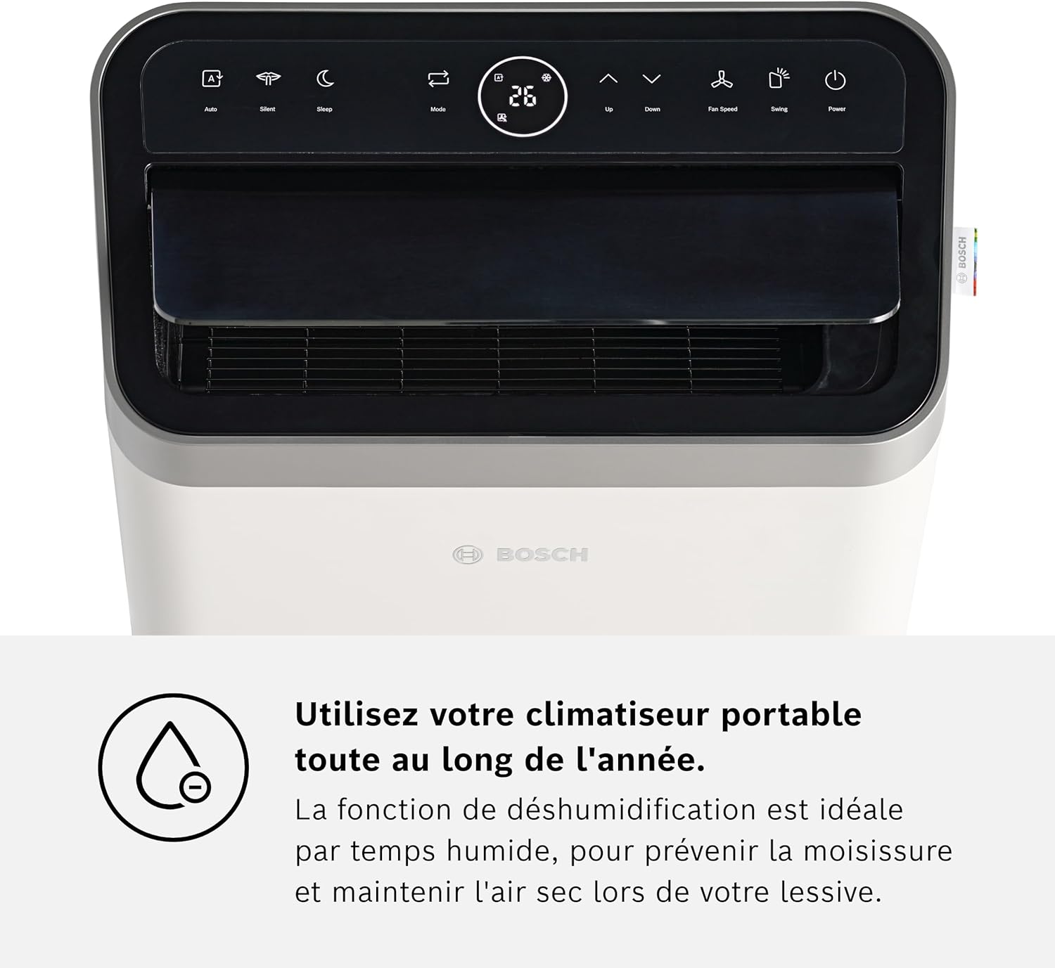 Bosch Cool 2000 Portable AC - 3 en 1 : Climatiseur, Déshumidificateur, Ventilateur - 2,6kW PAC pour les pièces jusqu'à 35m² - Avec Mode Auto, Mode Silencieux & Mode Veille
