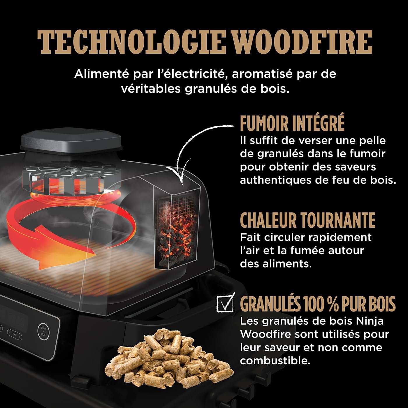 Ninja Woodfire Barbecue électrique et fumoir Pro XL avec thermomètre, barbecue et Air fryer d'extérieur 4-en-1 avec système Smart Cook et granulés Woodfire, portatif, gris/noir, OG850EU