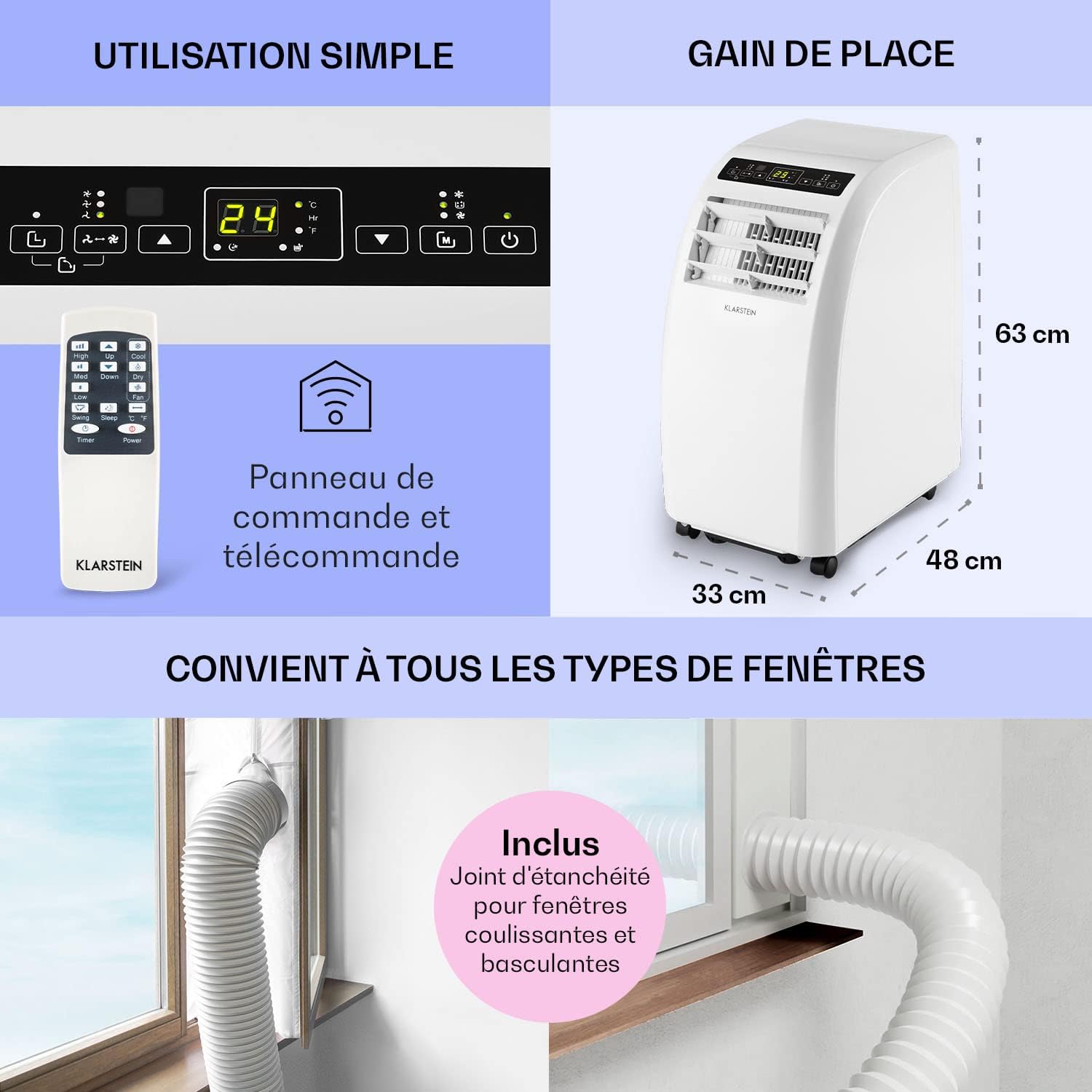 Klarstein Climatiseur Mobile Silencieux, 4 en 1, Mode Nuit, Déshumidificateur, Ventilateur, Mini Climatisation à Faible Conso, Evacuation, Clim Portable, Puissante, 10000 BTU
