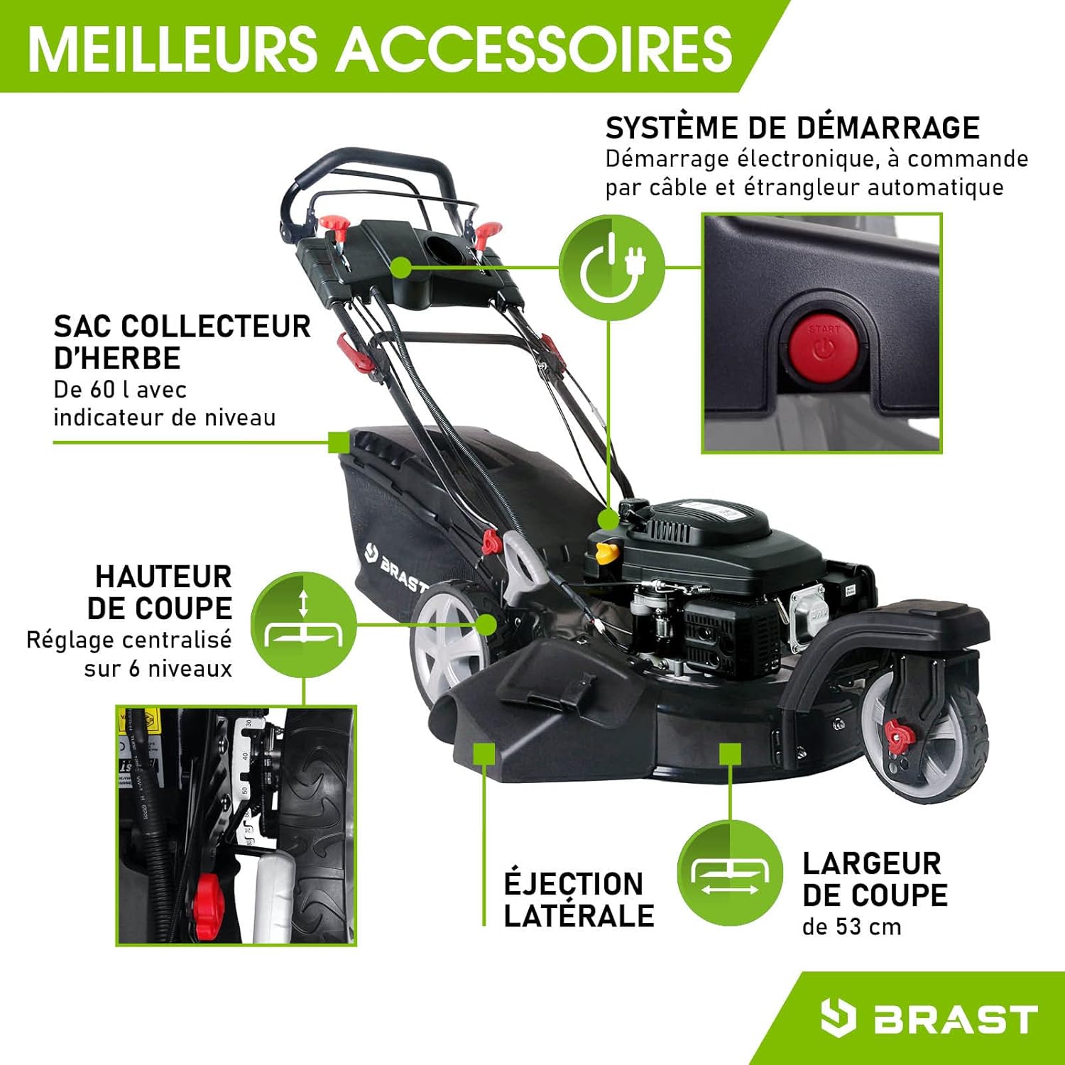 BRAST tondeuse thermique 3 roues TRIKE E-START 224cc 53cm tractée démarrage électrique mulching 4en1 capot en tôle en acier 60l - moteur 4 temps de la marque française GT reglable