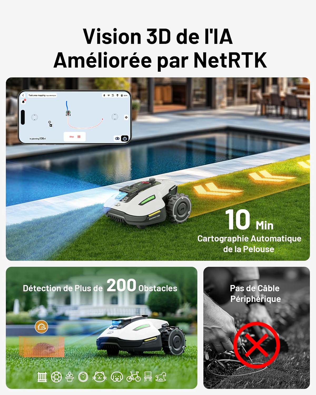 MAMMOTION YUKA Mini 500 Robot Tondeuse sans Fil Périphérique, NetRTK+Vision, Aucune Antenne RTK Requise, Recommandé 500 m², Max. 700 m², Pente à 50%, Cartographie Automatique, avec Module 4G
