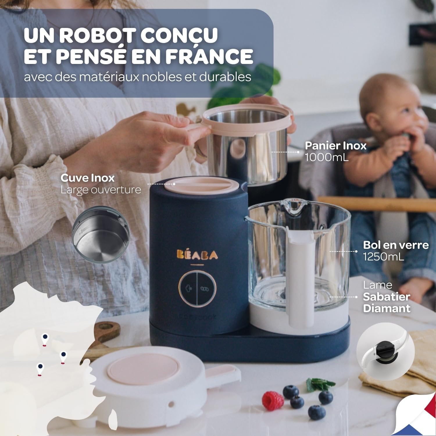 BÉABA, Babycook Néo, Mixeur Cuiseur Vapeur 6 en 1, Robot Bebe Fabriqué en France, Bol en Verre, Cuve Inox, Grande contenance, Diversification alimentaire, Petits pots bébé maison, Rapide, Eucalyptus