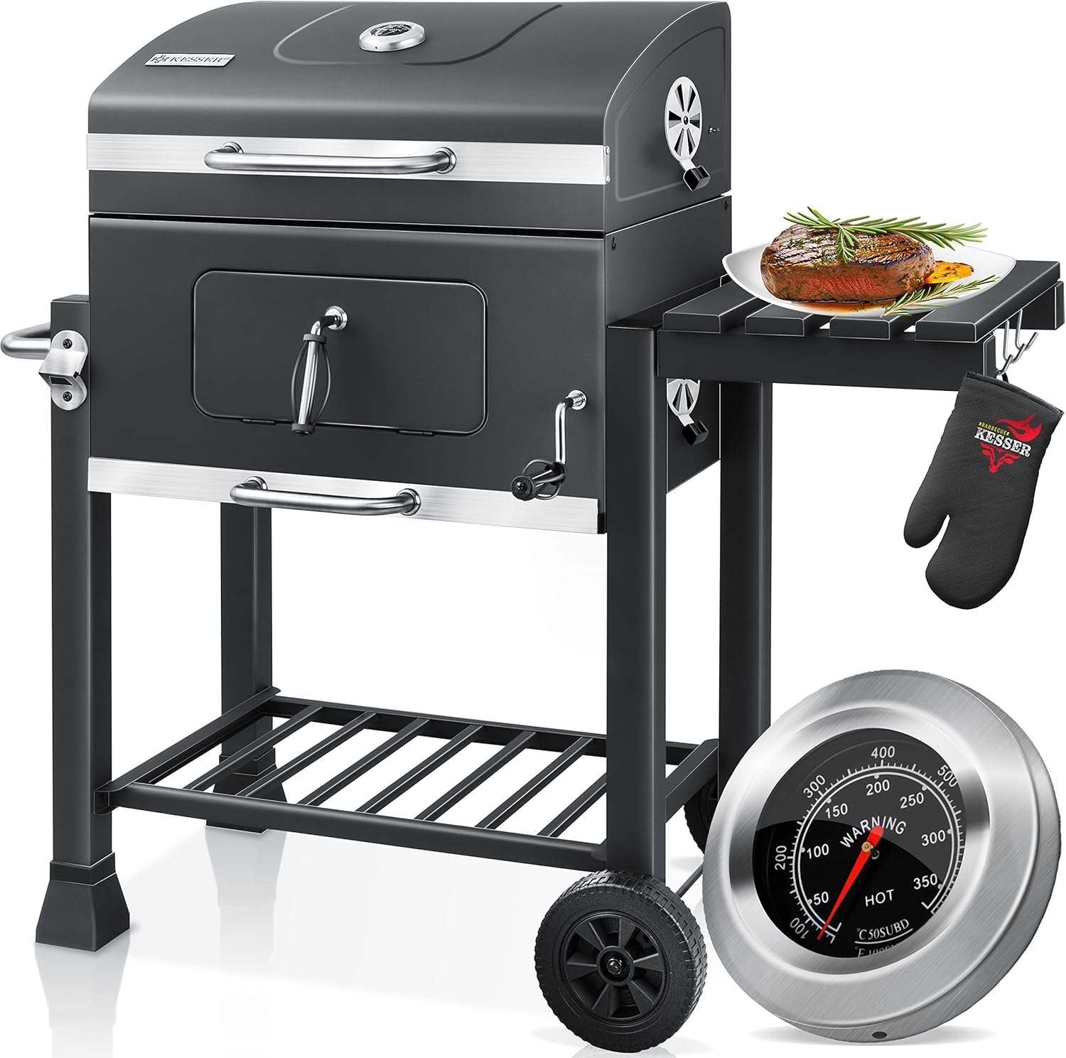 KESSER® Chariot à Barbecue | Grill XL à Charbon de Bois avec Couvercle, Roues, poignée en Acier Inoxydable, Grille et thermomètre | Grand Barbecue au Charbon de Bois