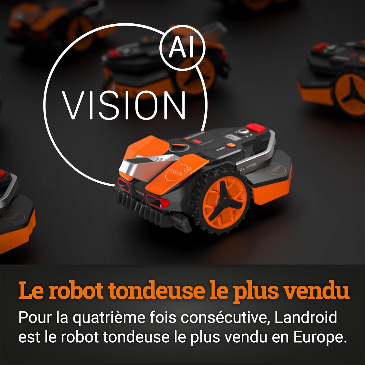 WORX LANDROID Vision WR206E.1, Robot Tondeuse sans Fil périphérique 600 m² Surf.Max 700 m², Installation en 30 Min, Caméra 4K + IA Adaptative, évite Tous Les Obstacles, Coupe des Bordures, Multizone