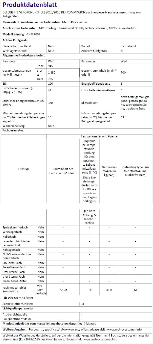 METRO Professional Congélateur bahut GHF2700S, acier, 188 x 73.5 x 94.5 cm, 700 L, 125 W, 3 paniers, éclairage LED, avec serrure, blanc/gris