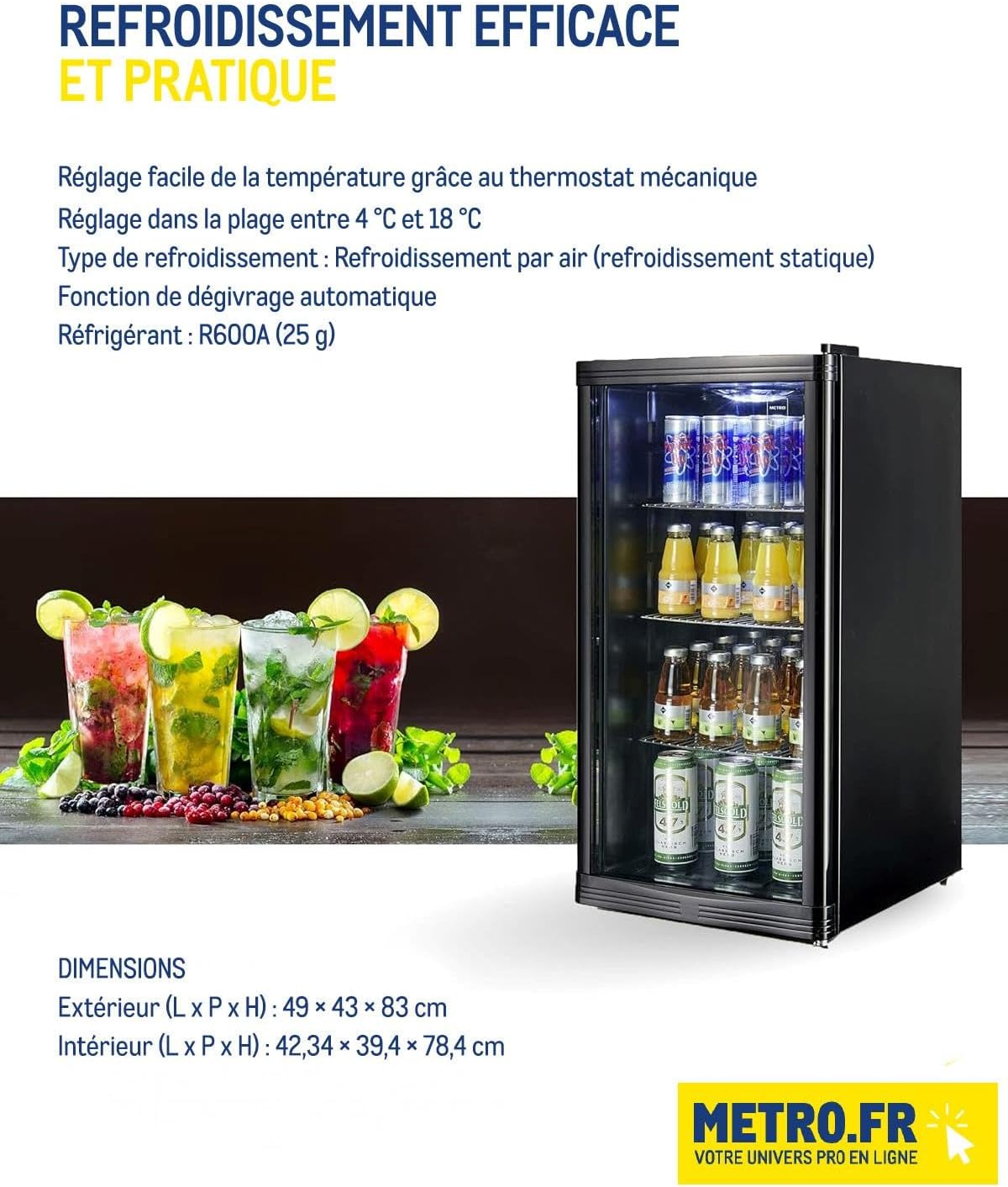METRO Professional Réfrigérateur à boissons GPC1088, métal/verre, 43 x 49 x 83 cm, 88 L, réfrigération statique, noir