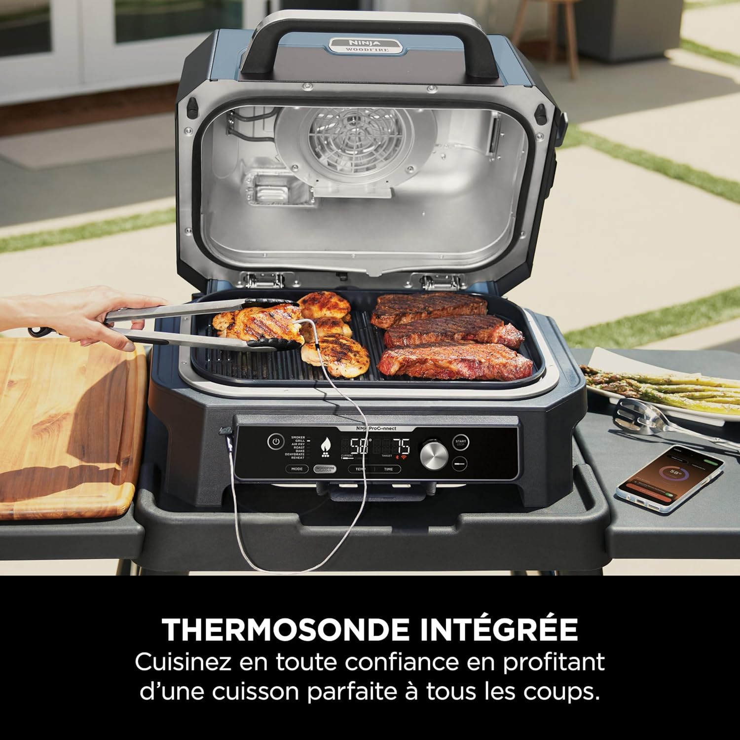 Ninja Woodfire Barbecue électrique et fumoir Pro XL avec thermomètre, barbecue et Air fryer d'extérieur 4-en-1 avec système Smart Cook et granulés Woodfire, portatif, gris/noir, OG850EU