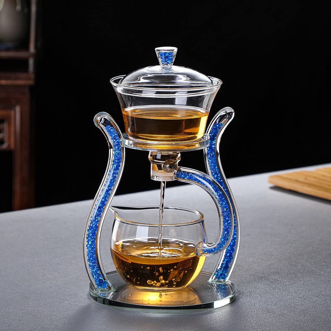 All-in-One Semi-automatic Glass Tea Set with Blue Accents - RORA